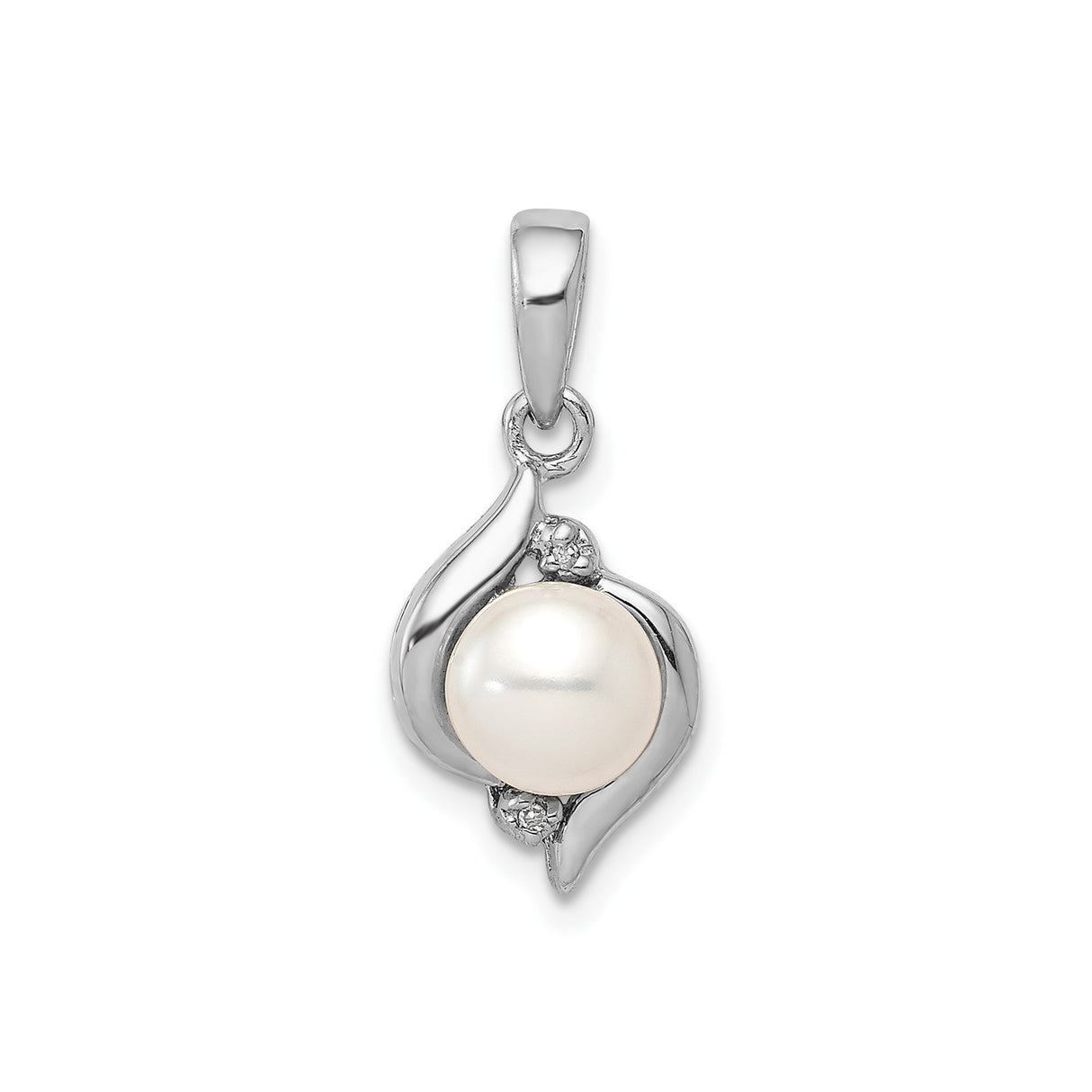 Sterling Silver Pendant with Cultured White Pearl, Floral Accent and Cubic Zirconia