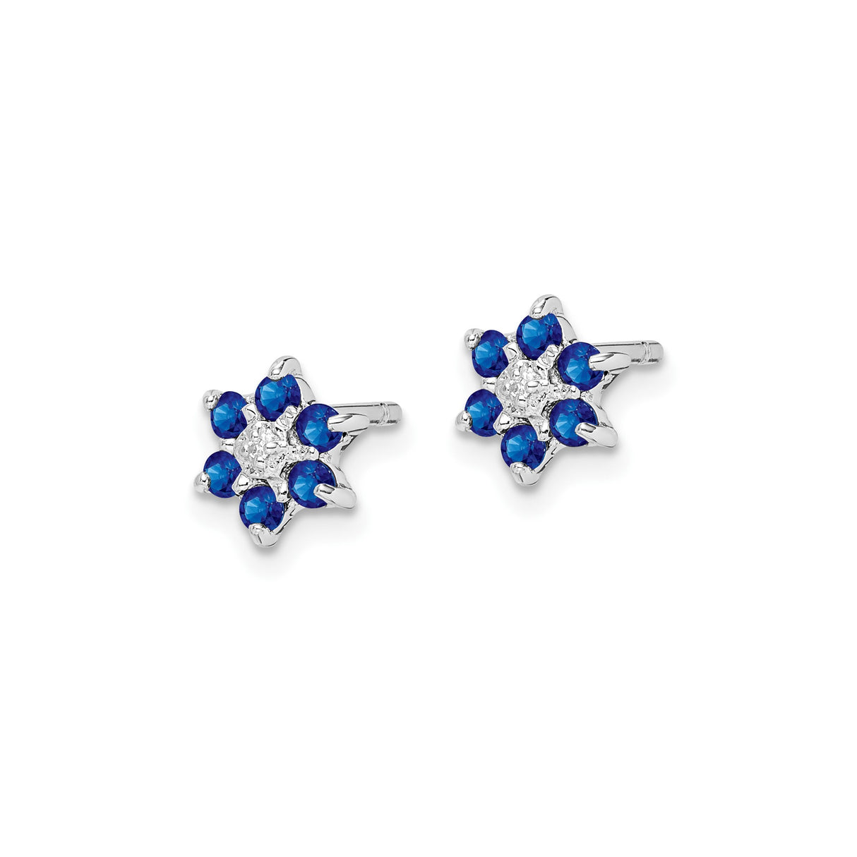 Sterling Silver Stud Earrings with Sapphire and Diamond, Floral Star Design for Women