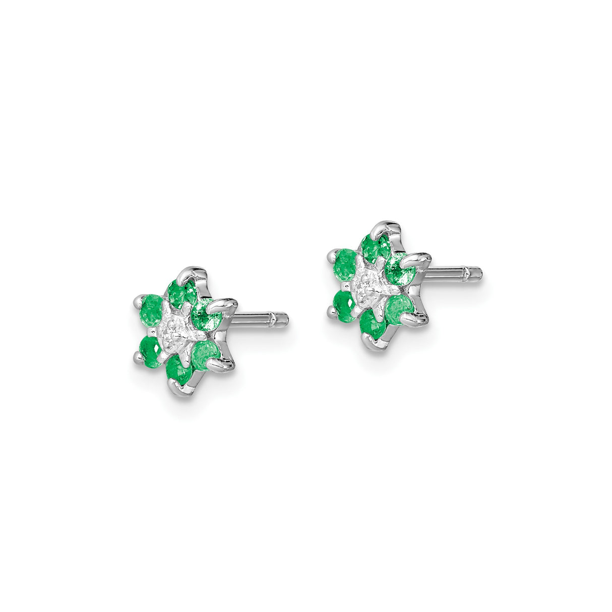 Sterling Silver Floral Stud Earrings with Emerald and Diamond in Snowflake Design