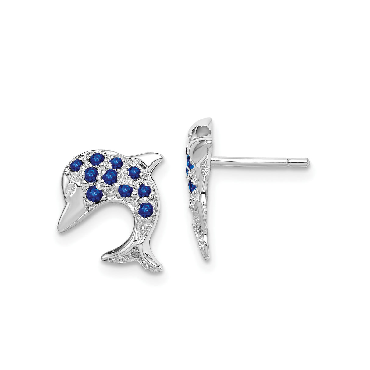 Sterling Silver Dolphin Stud Earrings with Sapphire and Diamond Accents, Ocean Theme Design for Women