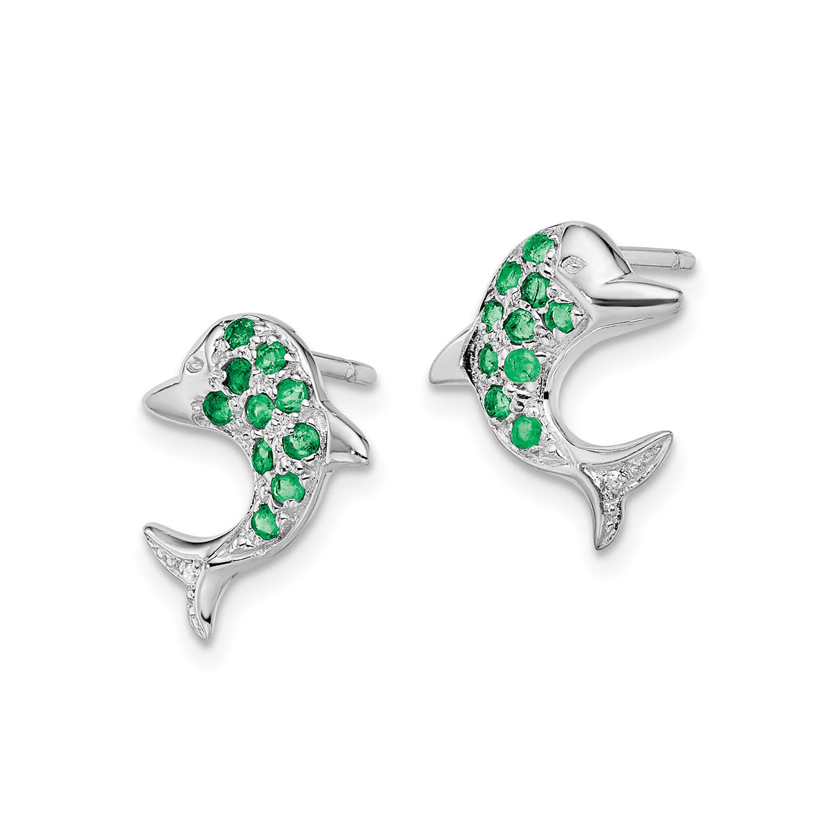 Sterling Silver Dolphin Stud Earrings with Emerald and Diamond Accents, Nautical Theme Jewelry