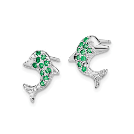 Sterling Silver Dolphin Stud Earrings with Emerald and Diamond Accents, Nautical Theme Jewelry