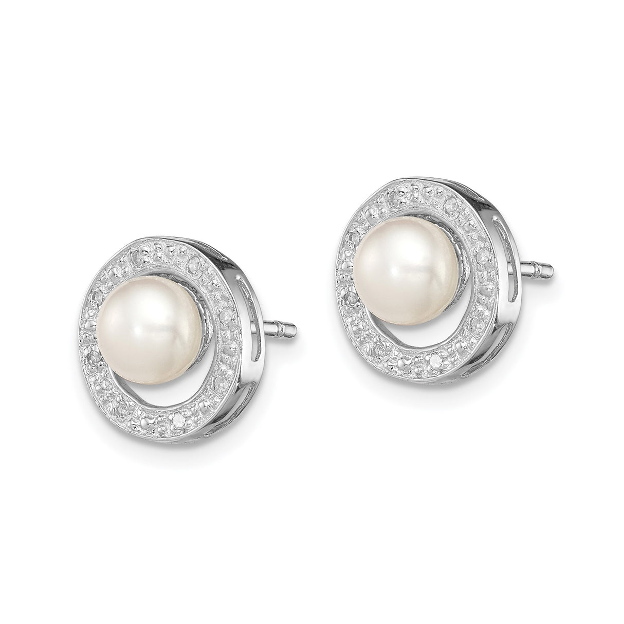Sterling Silver Pearl Stud Earrings with Diamonds Halo Accent