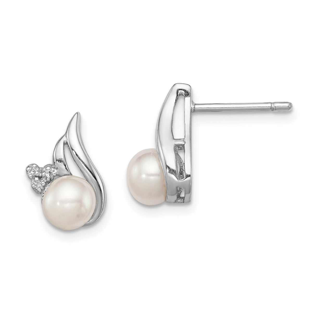 Sterling Silver Pearl Stud Earrings with Cultured Freshwater Pearls and Diamond Accents, Swirl Design