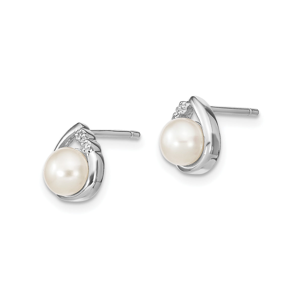 Sterling Silver Earrings with White Round Pearls and Diamond Accents, Teardrop Design