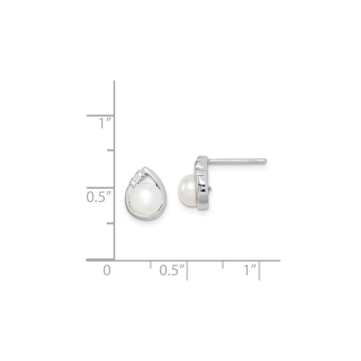 Sterling Silver Earrings with White Round Pearls and Diamond Accents, Teardrop Design