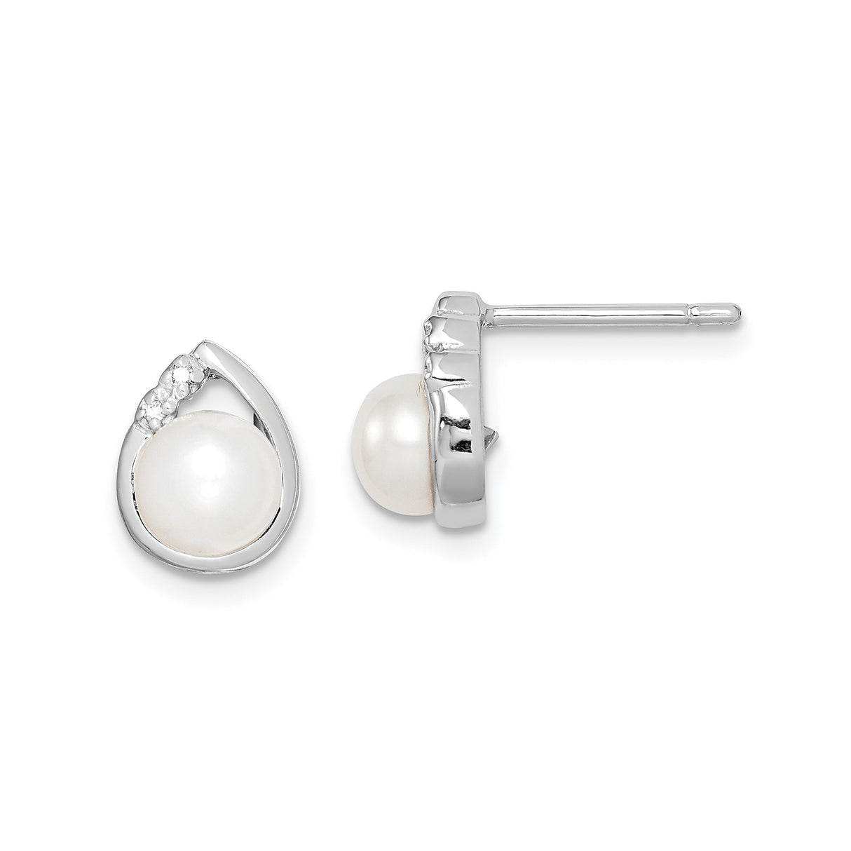 Sterling Silver Earrings with White Round Pearls and Diamond Accents, Teardrop Design