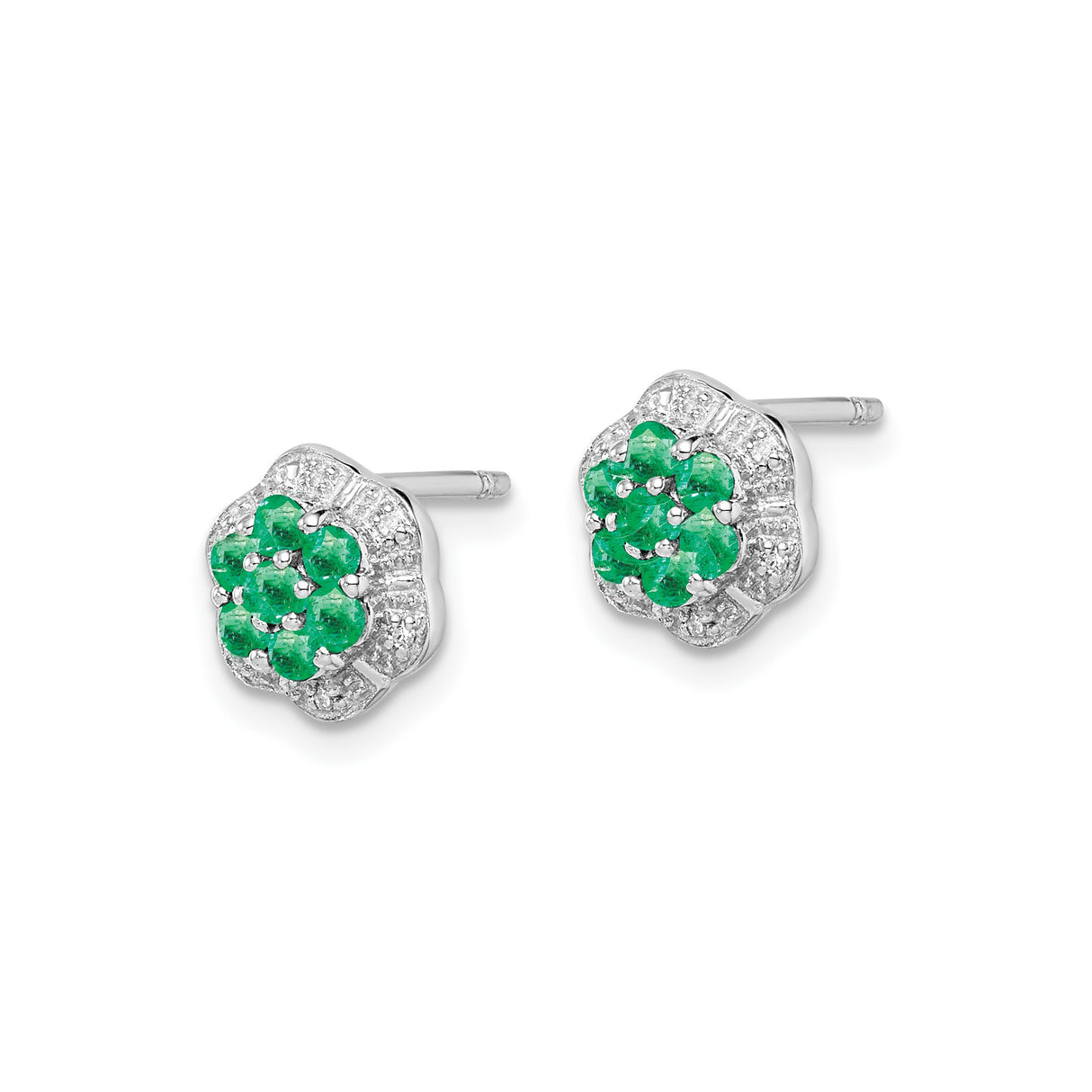 Sterling Silver Stud Earrings with Emerald and Diamond Halo, Floral Design for Women