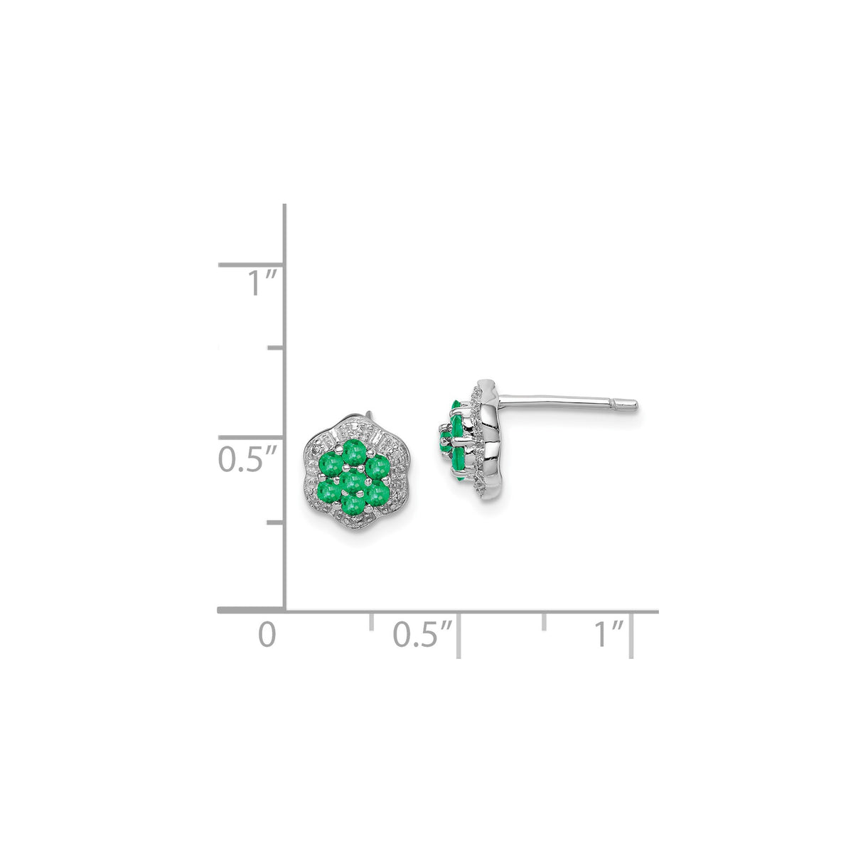 Sterling Silver Stud Earrings with Emerald and Diamond Halo, Floral Design for Women