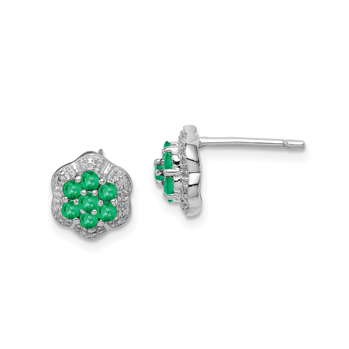 Sterling Silver Stud Earrings with Emerald and Diamond Halo, Floral Design for Women