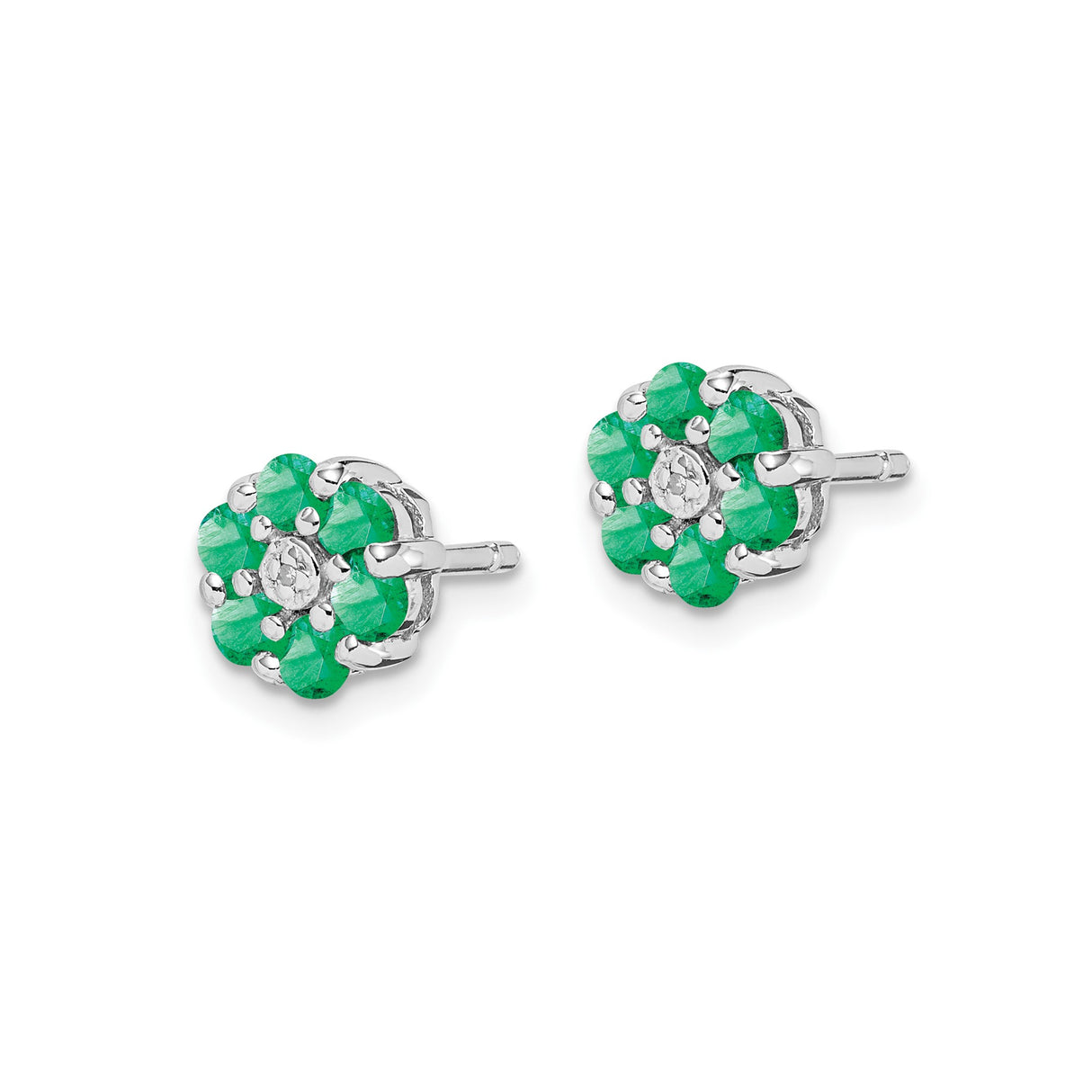 Sterling Silver Flower Stud Earrings with Emerald and Diamond, Nature-Inspired Floral Design