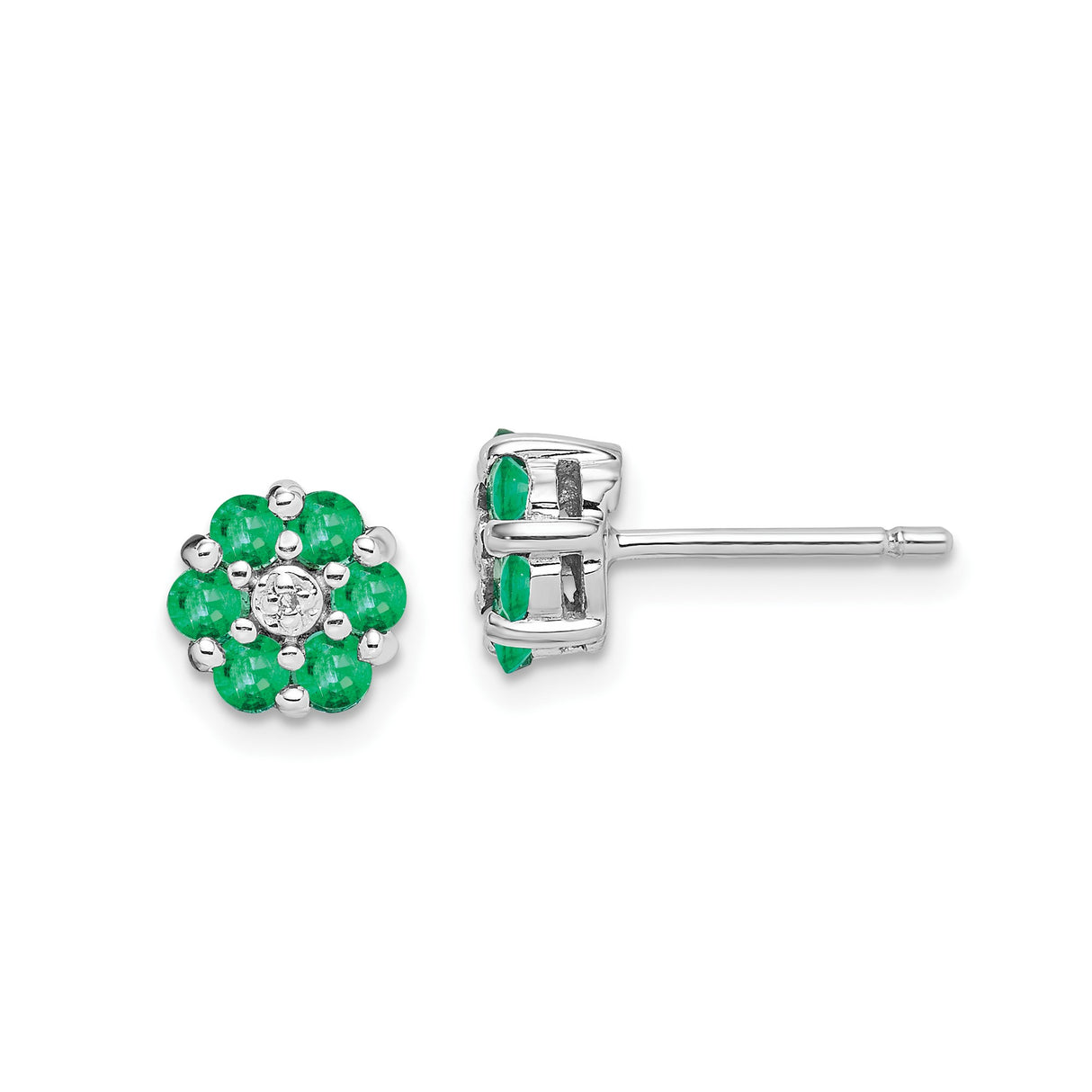 Sterling Silver Flower Stud Earrings with Emerald and Diamond, Nature-Inspired Floral Design
