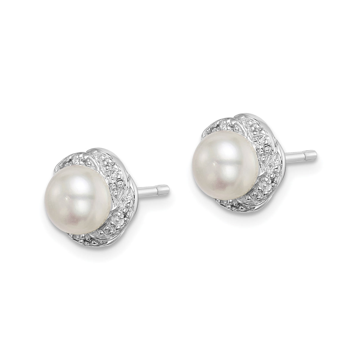 Sterling Silver Pearl Stud Earrings with Twisted Diamonds Halo Setting for Women