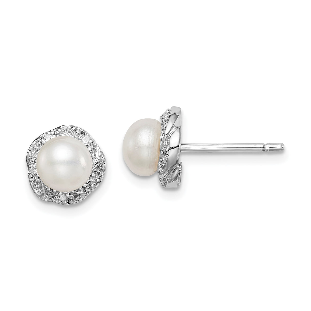 Sterling Silver Pearl Stud Earrings with Twisted Cubic Zirconia Halo Setting for Women
