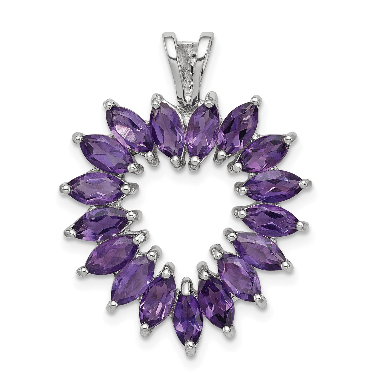 Sterling Silver Circle Pendant with Amethyst Marquise Gemstones in Floral Design
