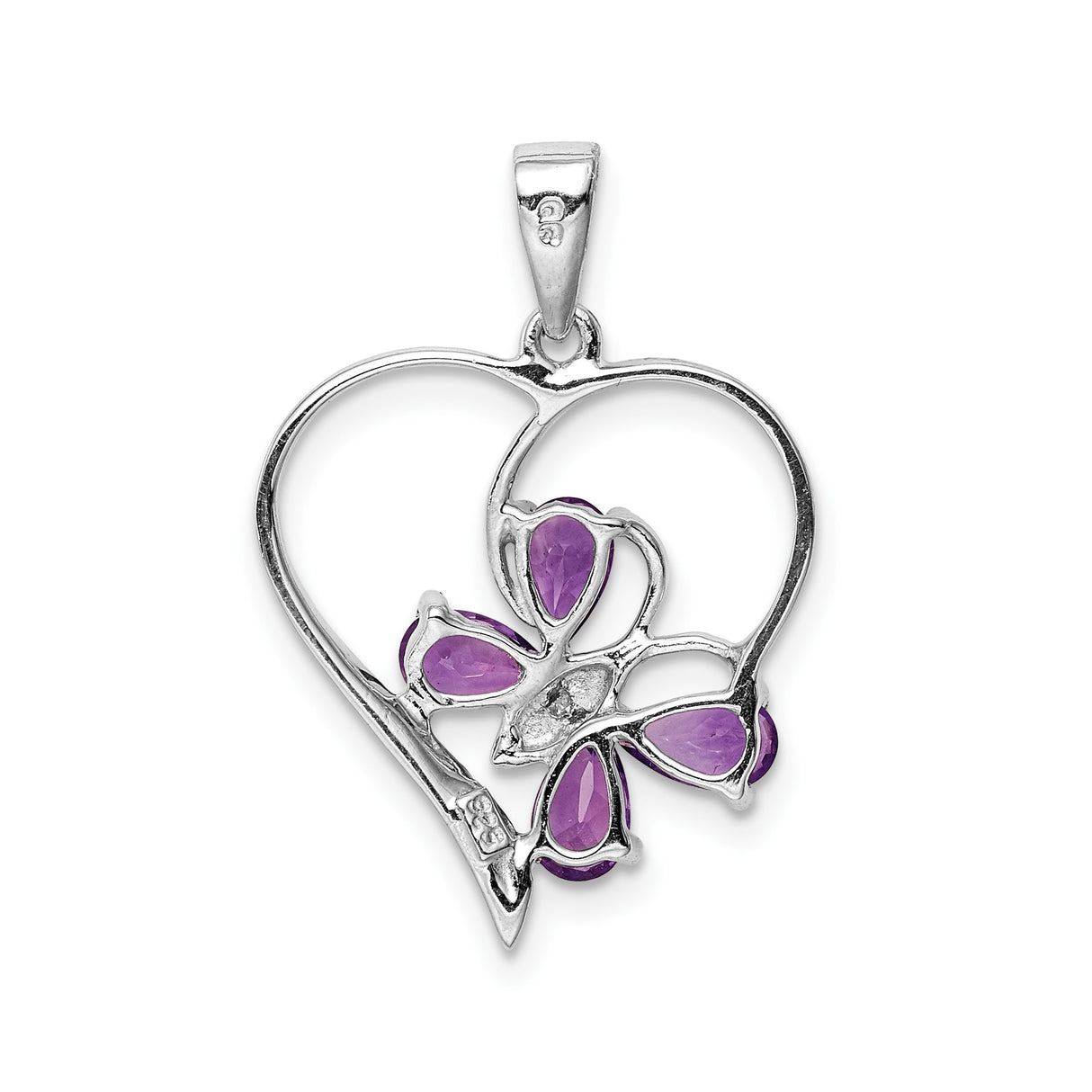 Sterling Silver Heart Pendant with Amethyst and Diamond, Marquise and Pear Cut, Floral Design