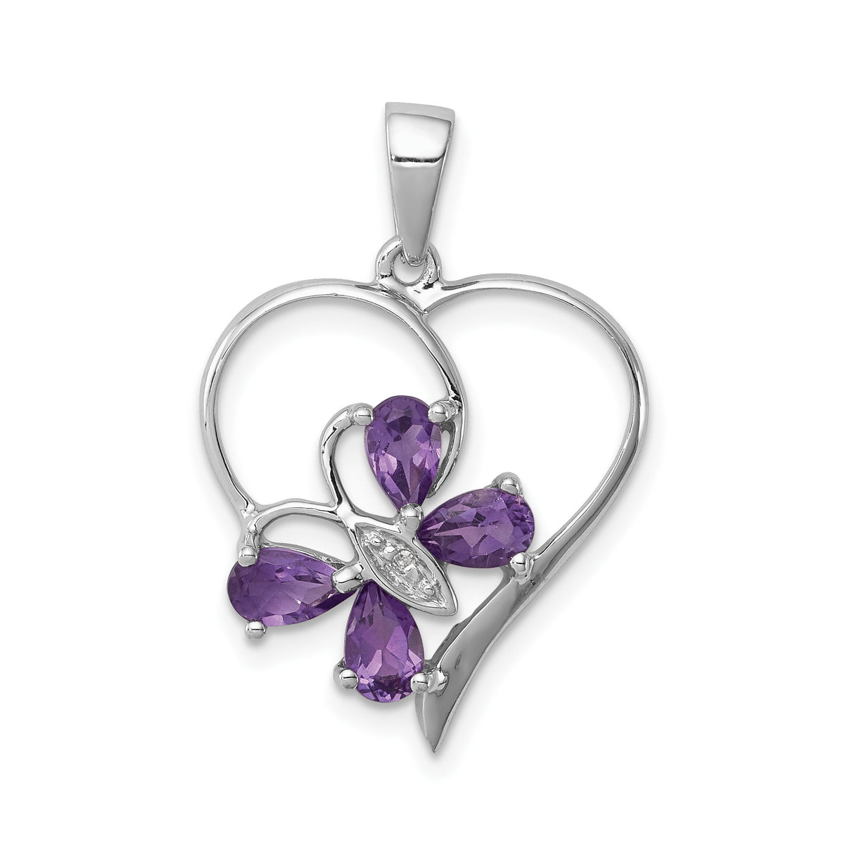 Sterling Silver Heart Pendant with Amethyst and Diamond, Marquise and Pear Cut, Floral Design