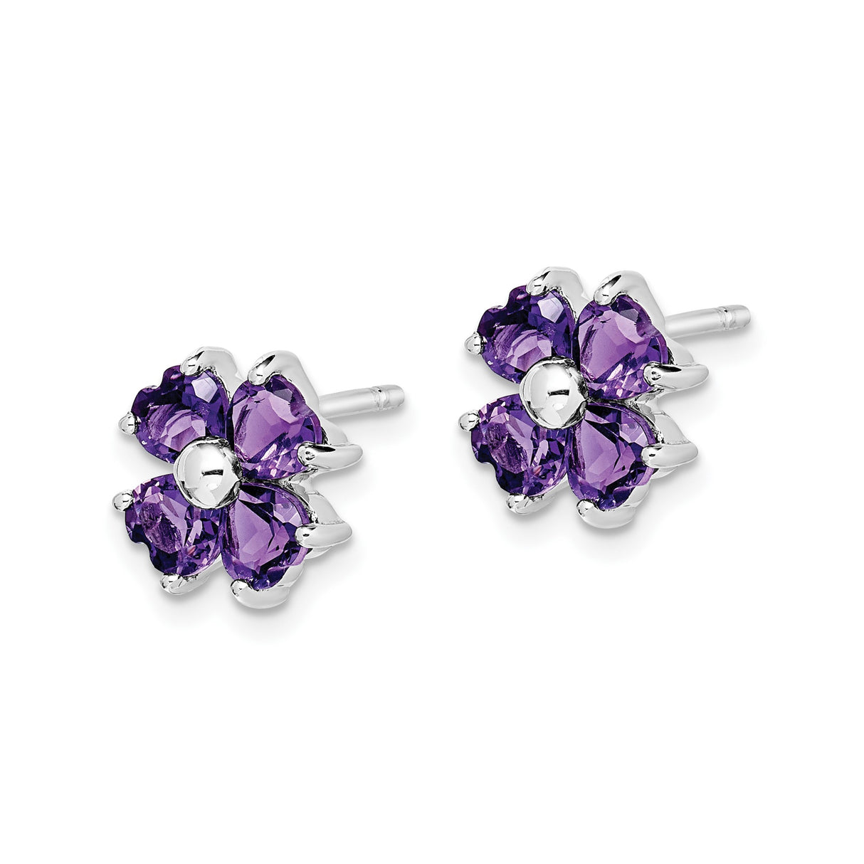 Sterling Silver Flower Stud Earrings with Heart Shaped Amethyst Gemstones