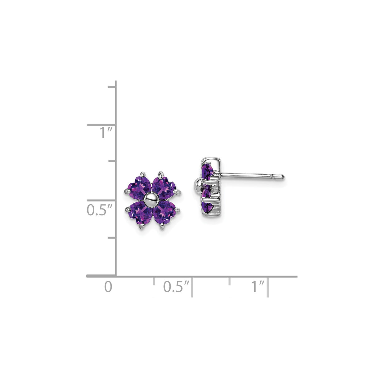 Sterling Silver Flower Stud Earrings with Heart Shaped Amethyst Gemstones