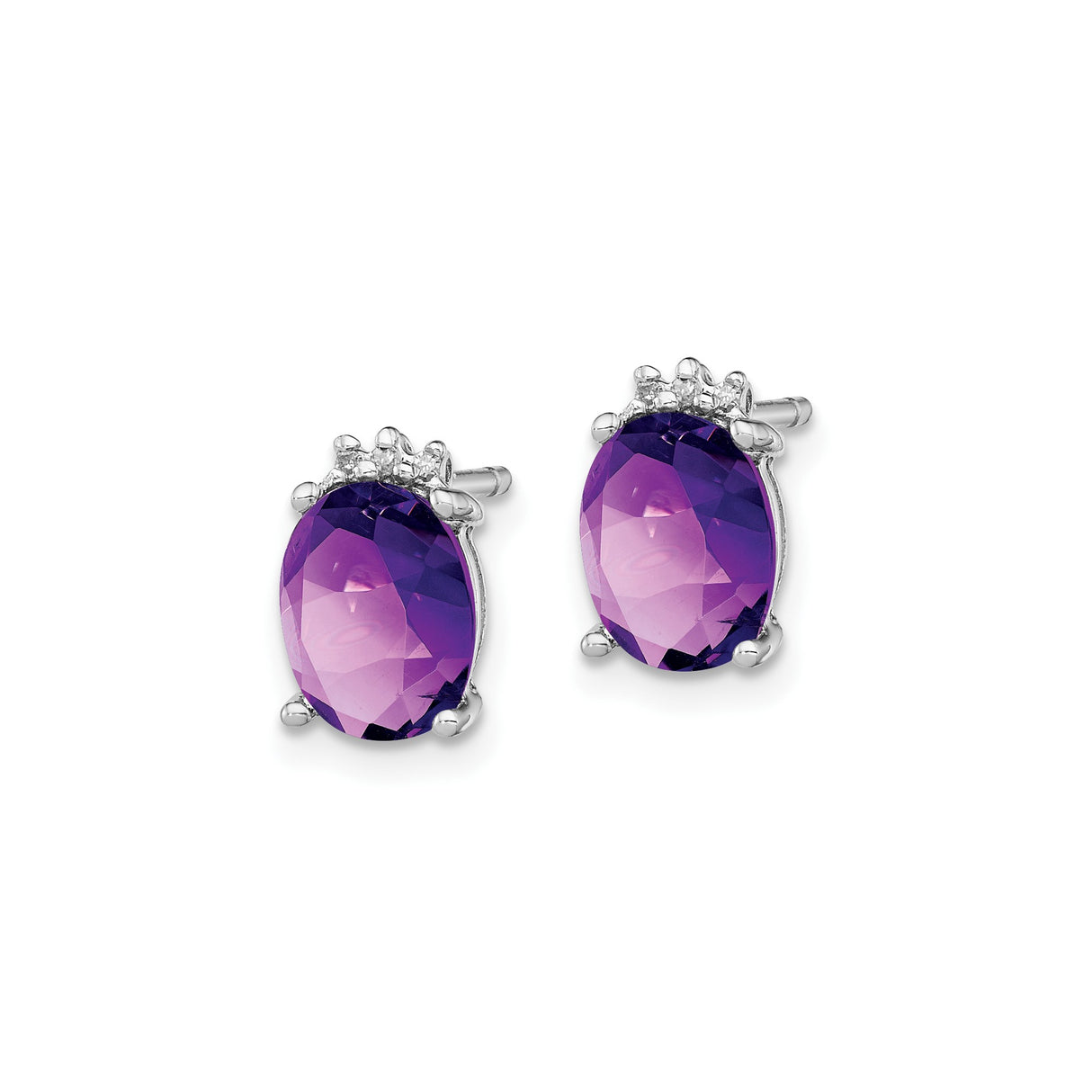 Sterling Silver Stud Earrings with Oval Amethyst and Diamond Accents, Crown Detail Design