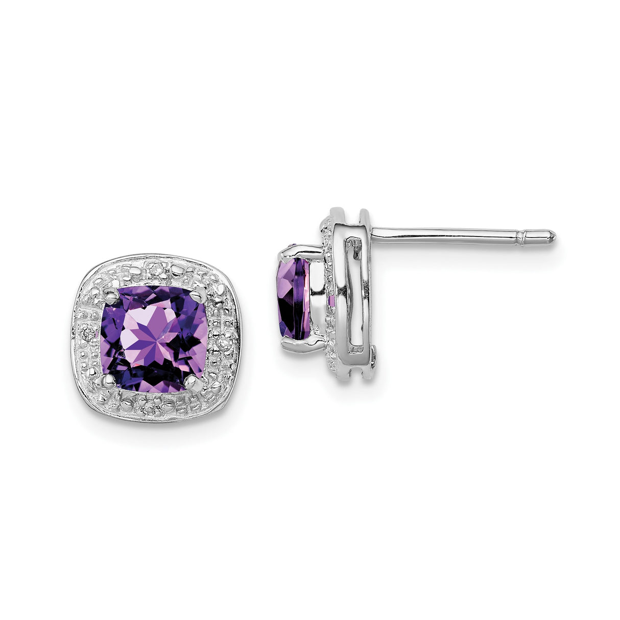 Sterling Silver Amethyst Stud Earrings with Diamond Halo Accent