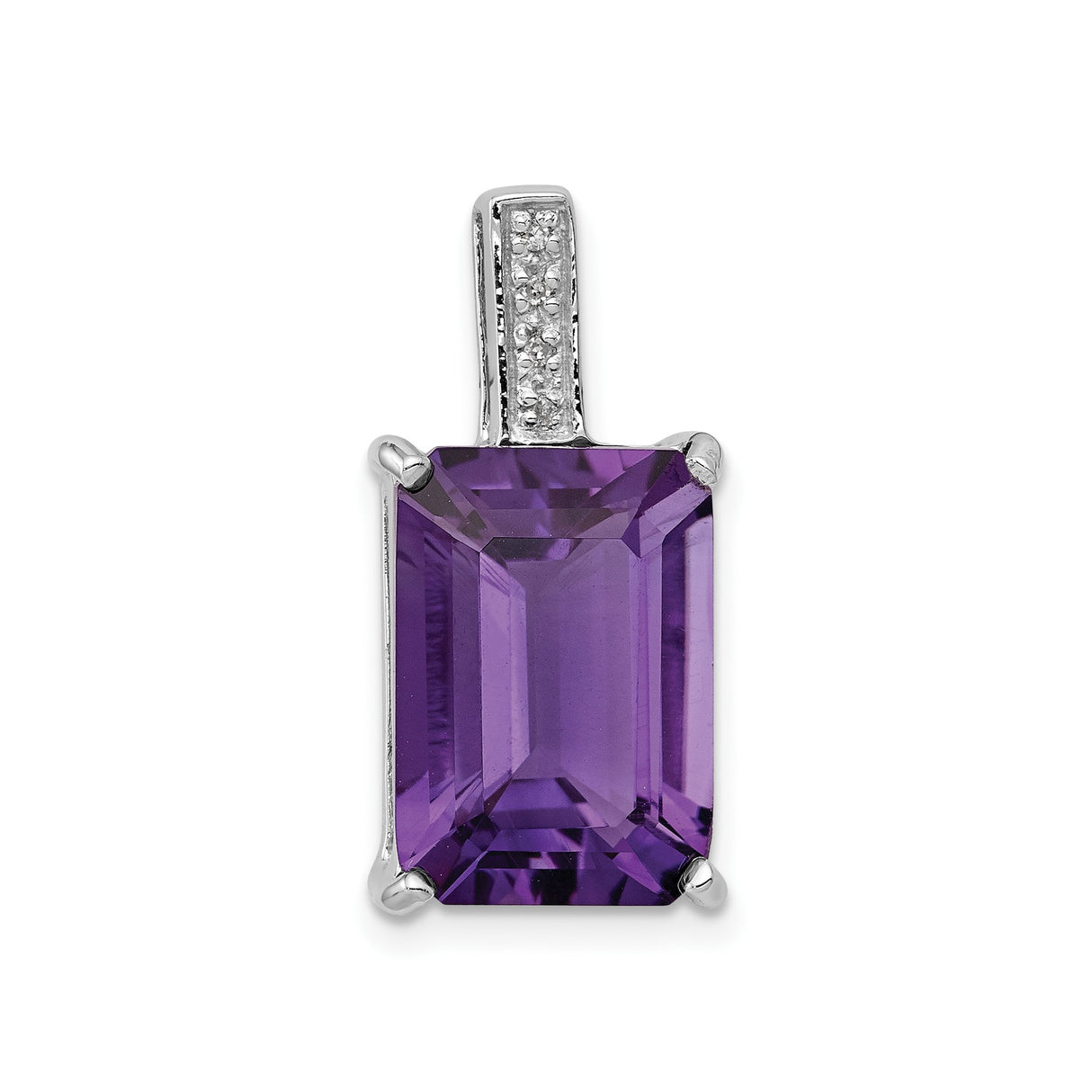 Sterling Silver Pendant with Emerald Cut Amethyst and Diamond Accent Bail , February Birthstone Jewelry