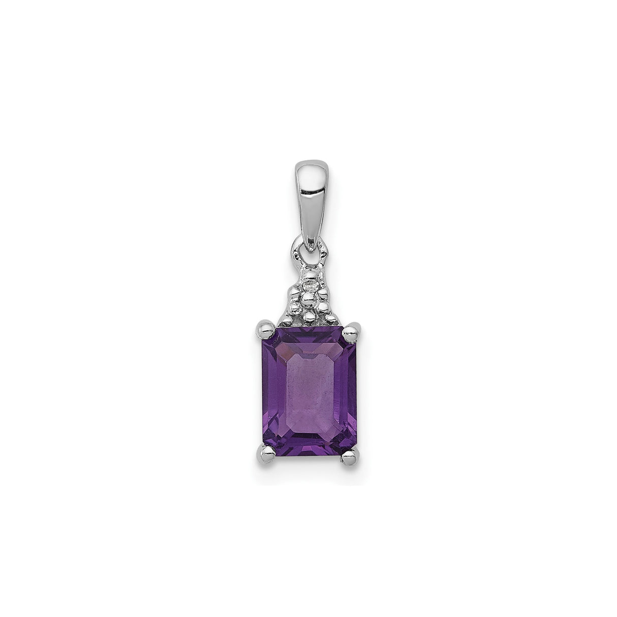 Sterling Silver Pendant with Amethyst and Diamond, Rectangular Faceted Gemstone, Textured Bail