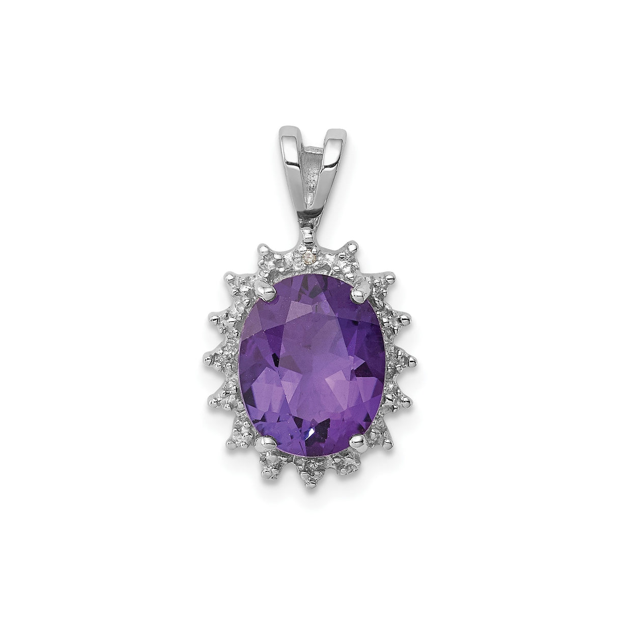 Sterling Silver Pendant with Oval Cut Amethyst and Diamond Accents, Sunburst Halo Design