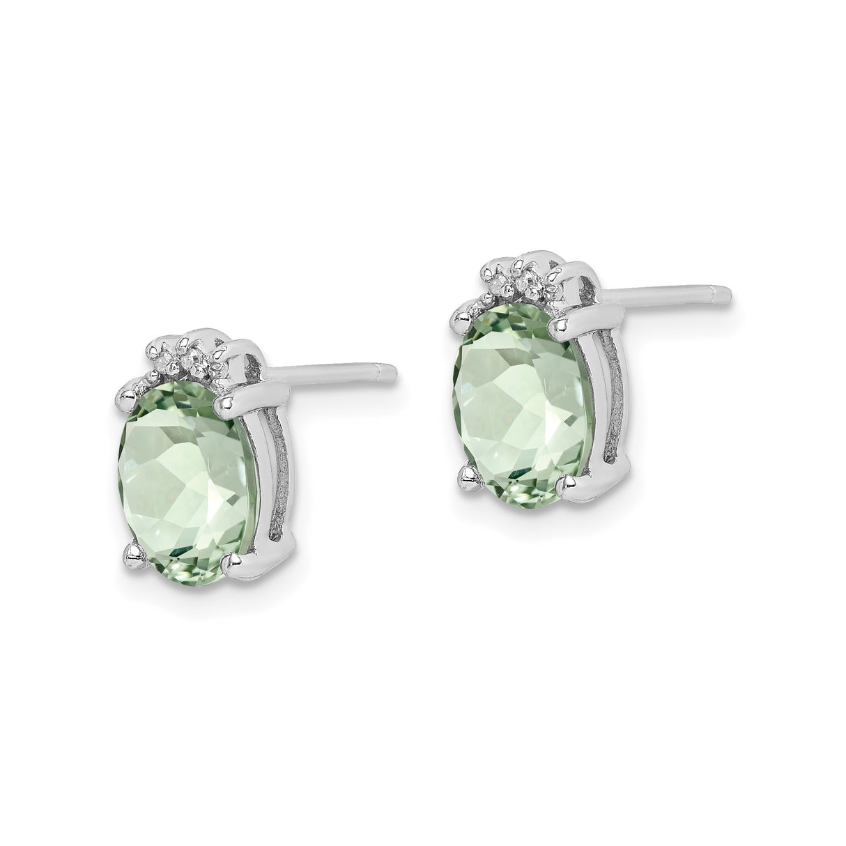 Sterling Silver Stud Earrings with Prasiolite and Diamond, Crown Setting, Royal Style