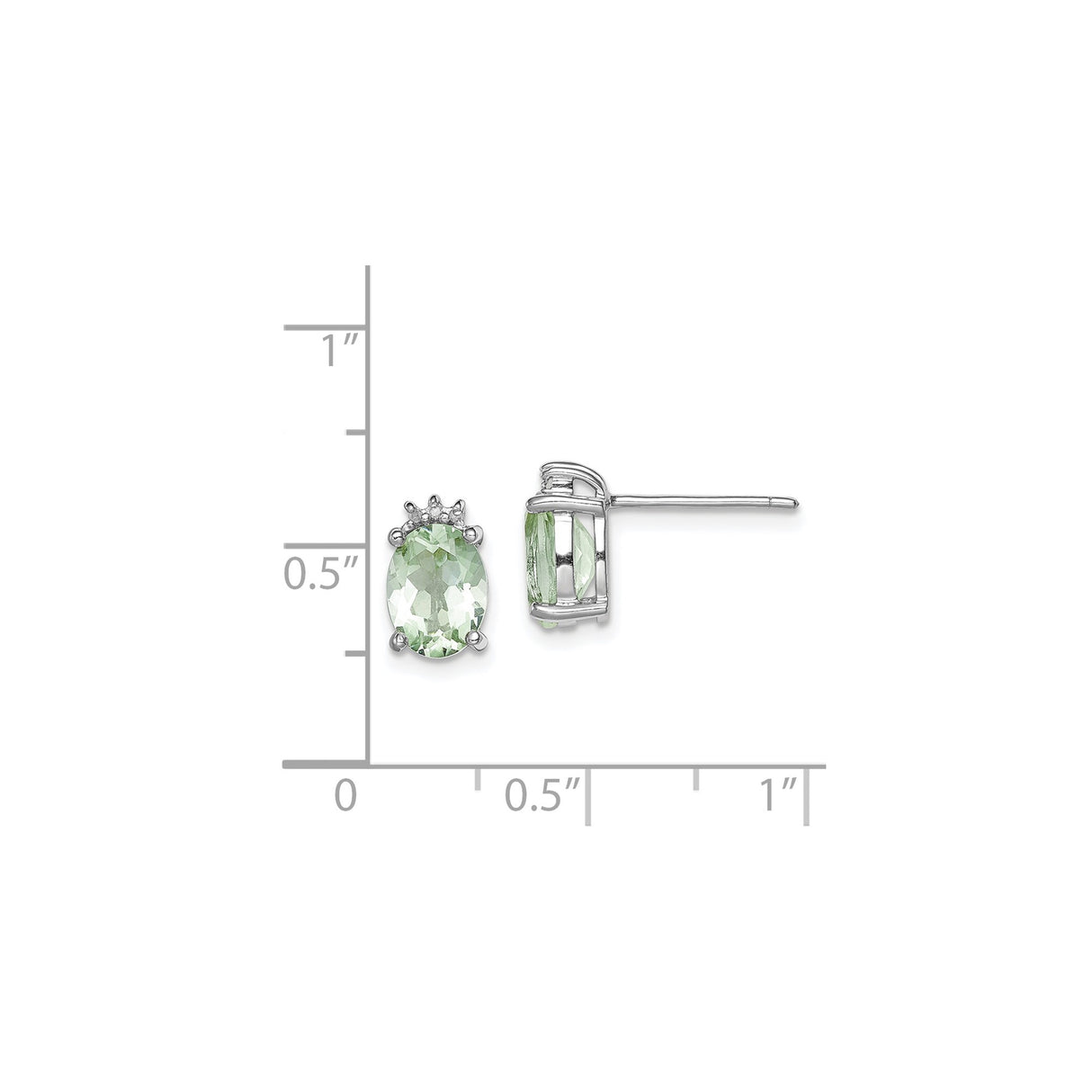 Sterling Silver Stud Earrings with Prasiolite and Diamond, Crown Setting, Royal Style
