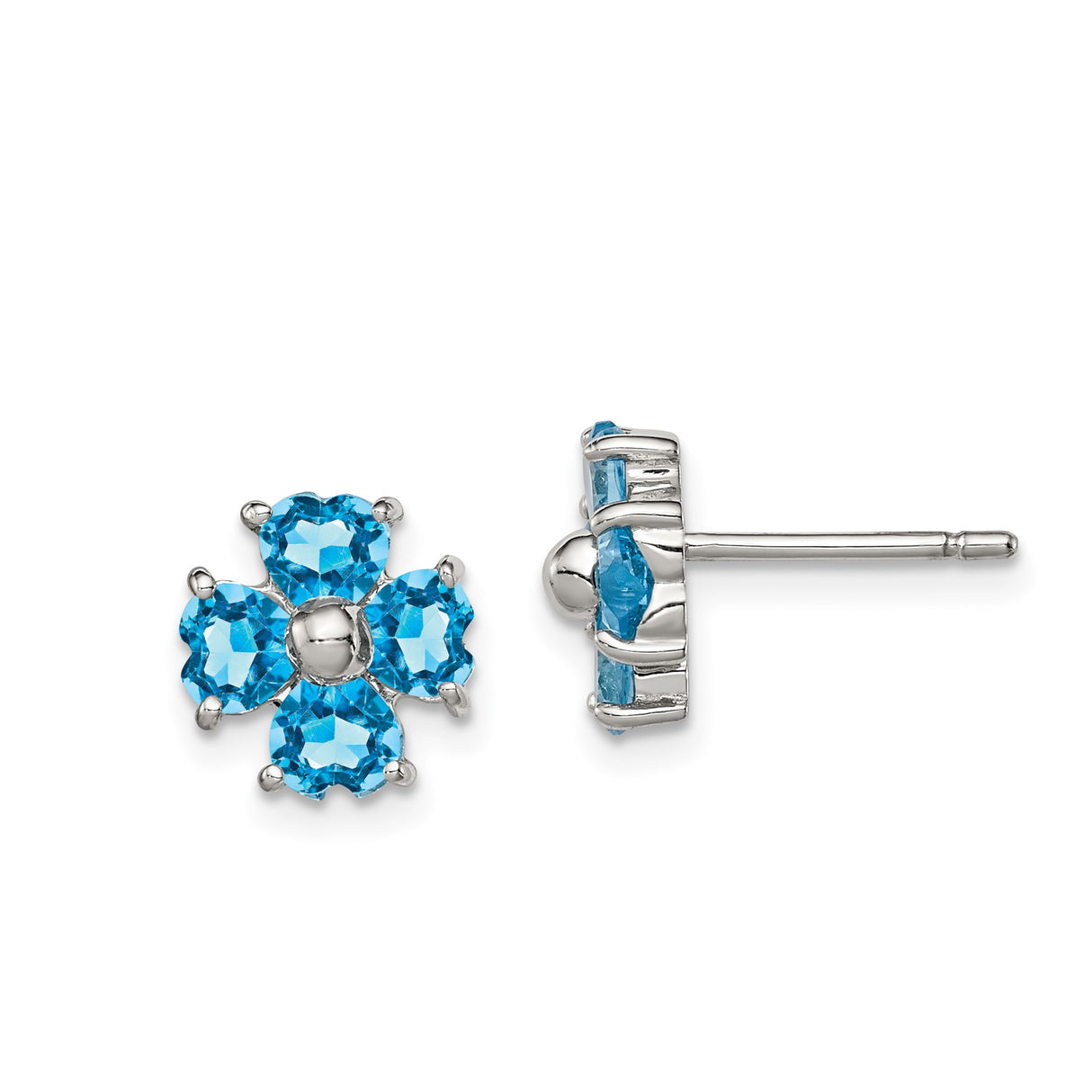 Sterling Silver Heart Stud Earrings with Swiss Blue Topaz and Floral Design