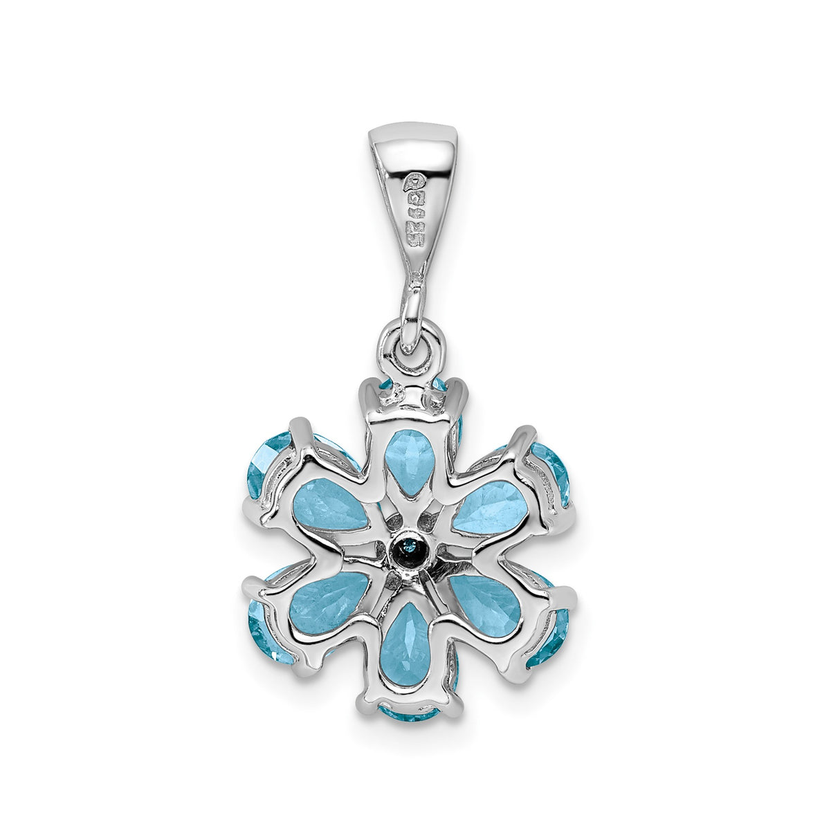 Sterling Silver Flower Pendant with Sky Blue Topaz and Diamond Accents, Six Petal Design