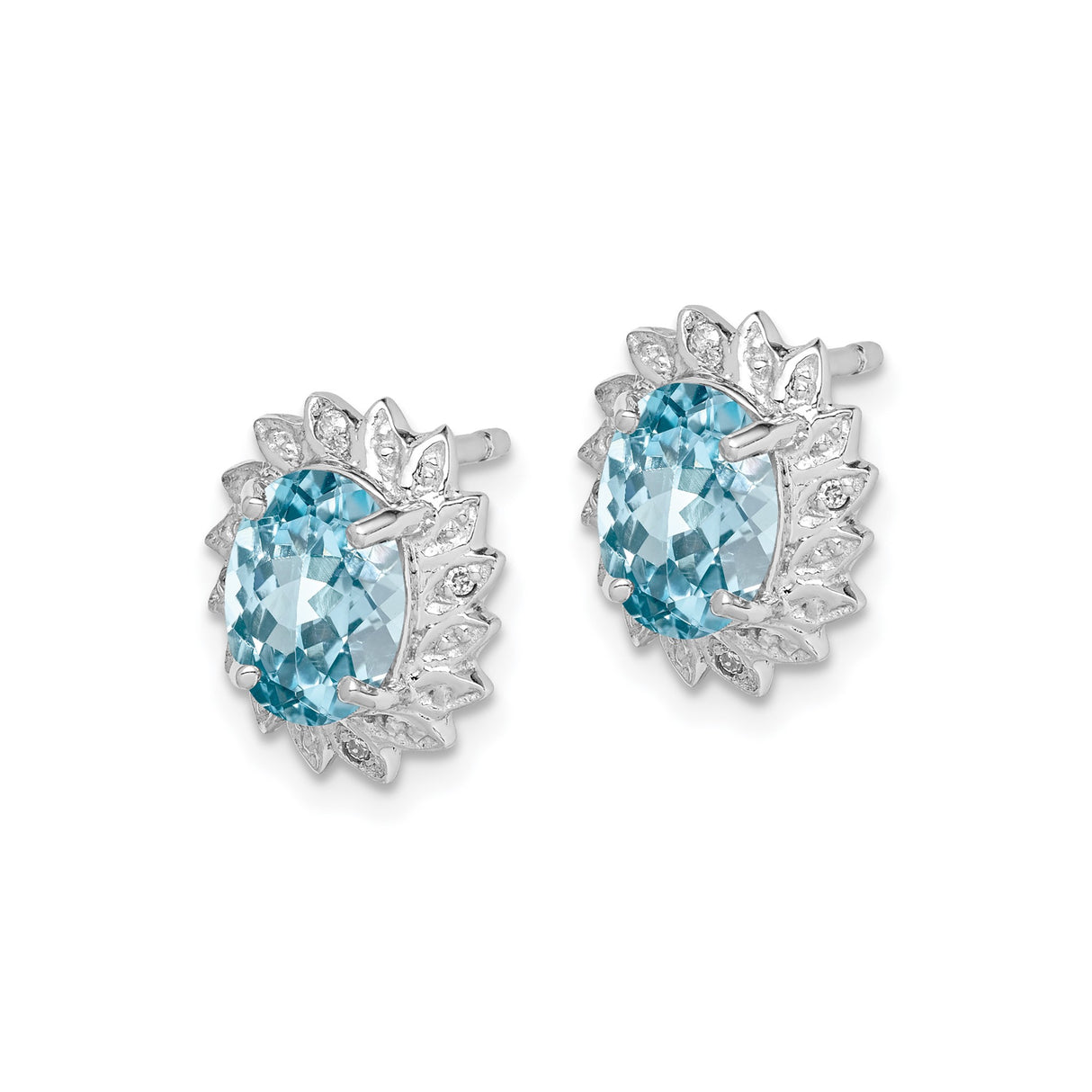 Sterling Silver Blue Topaz Stud Earrings with Floral Halo and Diamond Accents