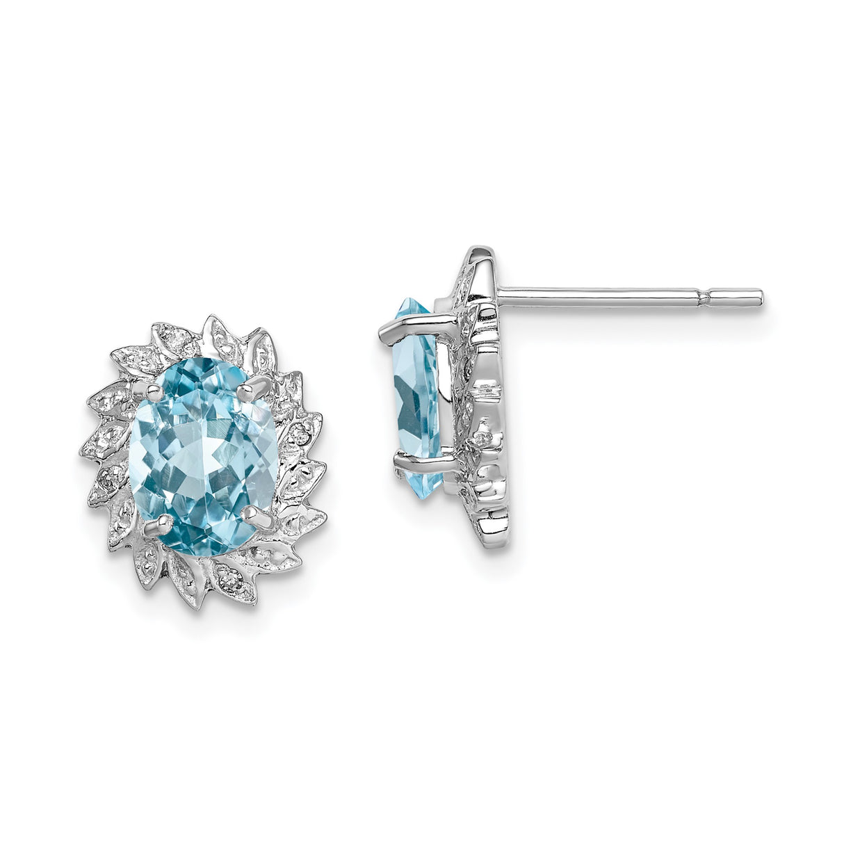 Sterling Silver Blue Topaz Stud Earrings with Floral Halo and Diamond Accents