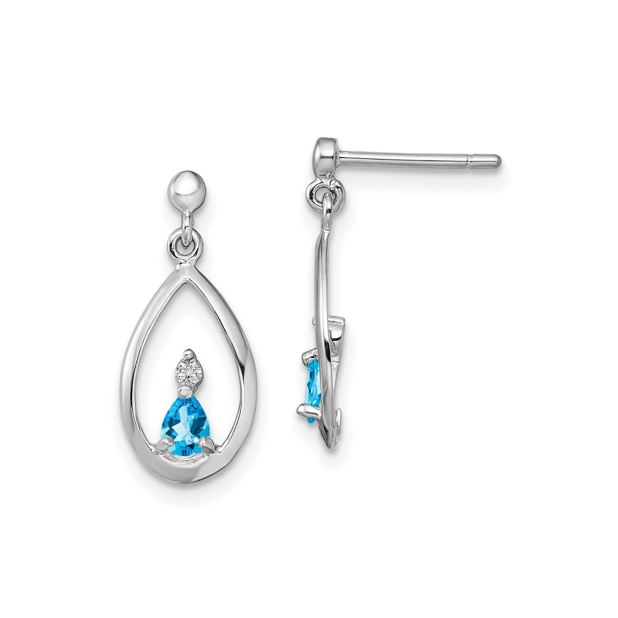 Sterling Silver Teardrop Dangle Earrings with Swiss Blue Topaz and Diamond Accents