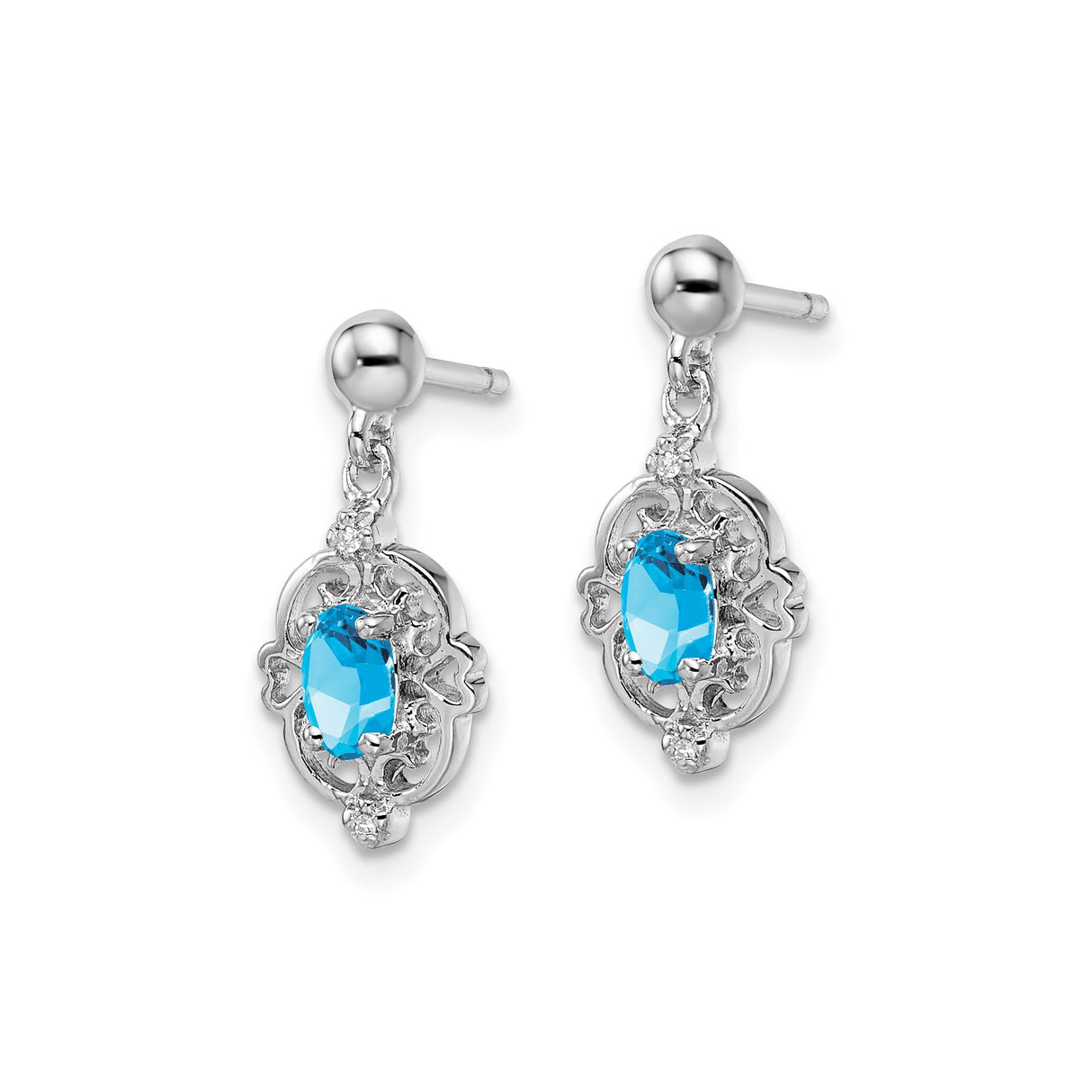 Sterling Silver Dangle Earrings with Swiss Blue Topaz, Diamond Accents, Filigree and Heart Design