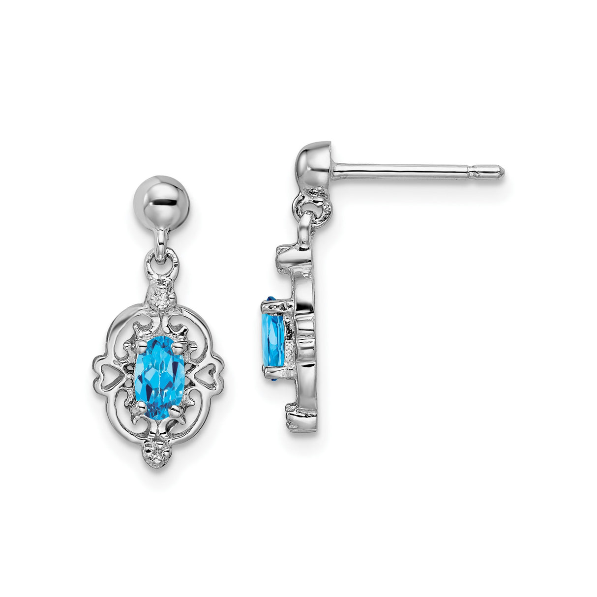 Sterling Silver Dangle Earrings with Swiss Blue Topaz, Diamond Accents, Filigree and Heart Design