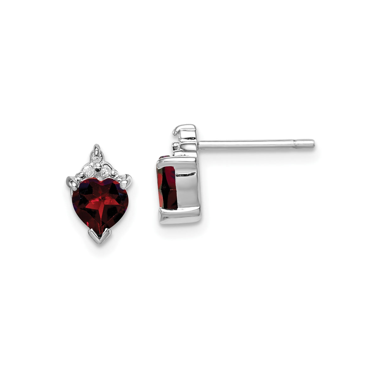 Sterling Silver Heart Stud Earrings with Garnet and Diamond Accents
