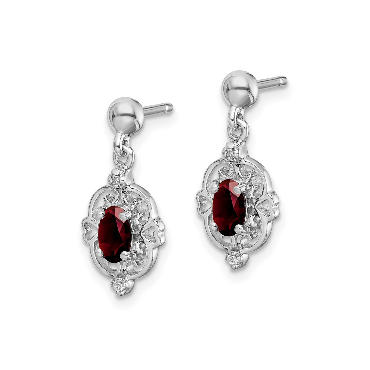 Sterling Silver Dangle Earrings with Garnet, Diamond Accents, Filigree Heart Scroll Design