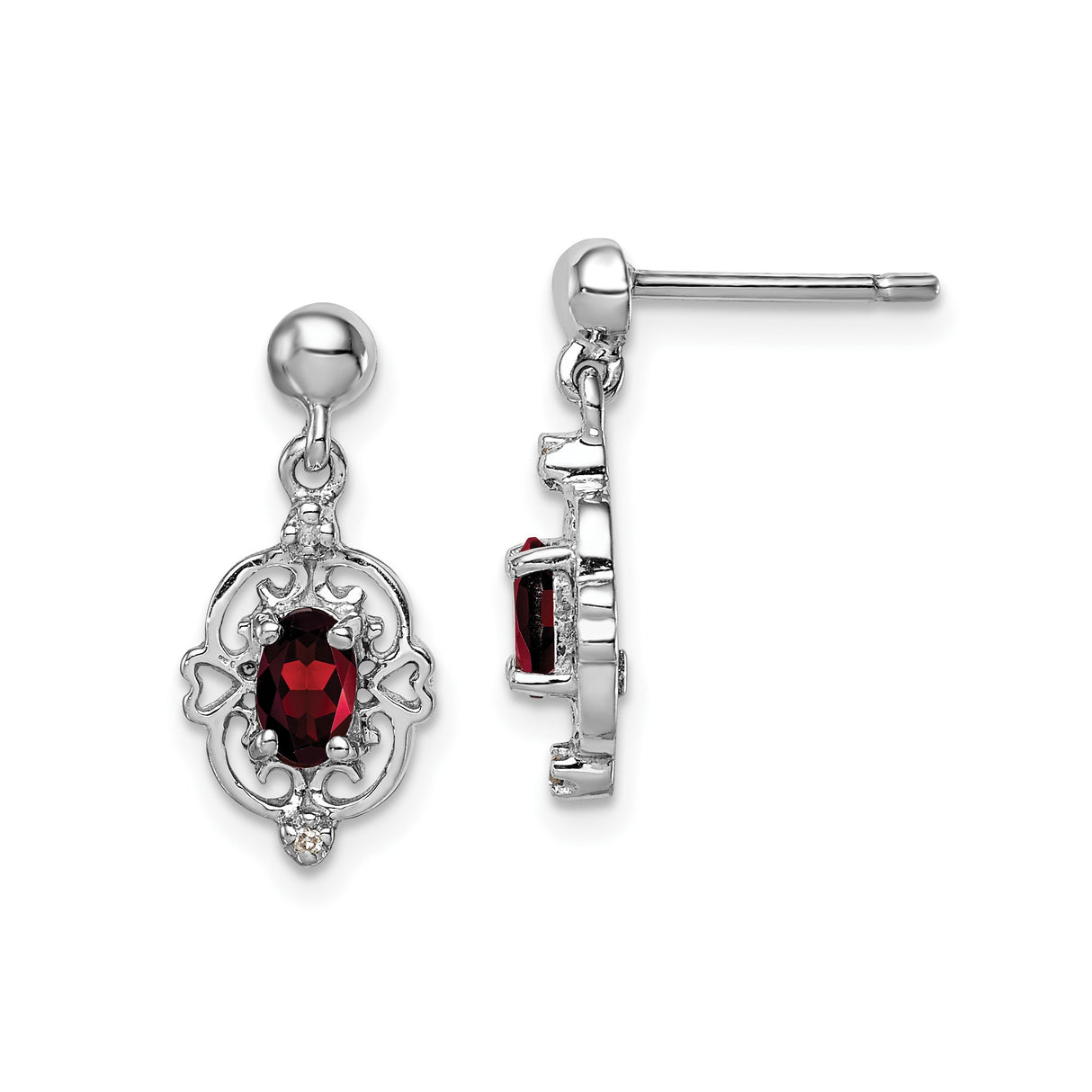 Sterling Silver Dangle Earrings with Garnet, Diamond Accents, Filigree Heart Scroll Design
