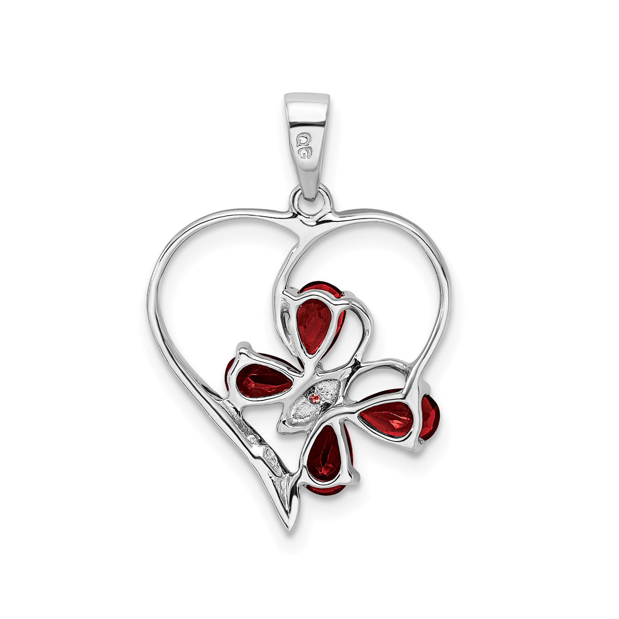 Sterling Silver Heart Pendant with Garnet and Diamond, Floral Design, Vintage Inspired Jewelry