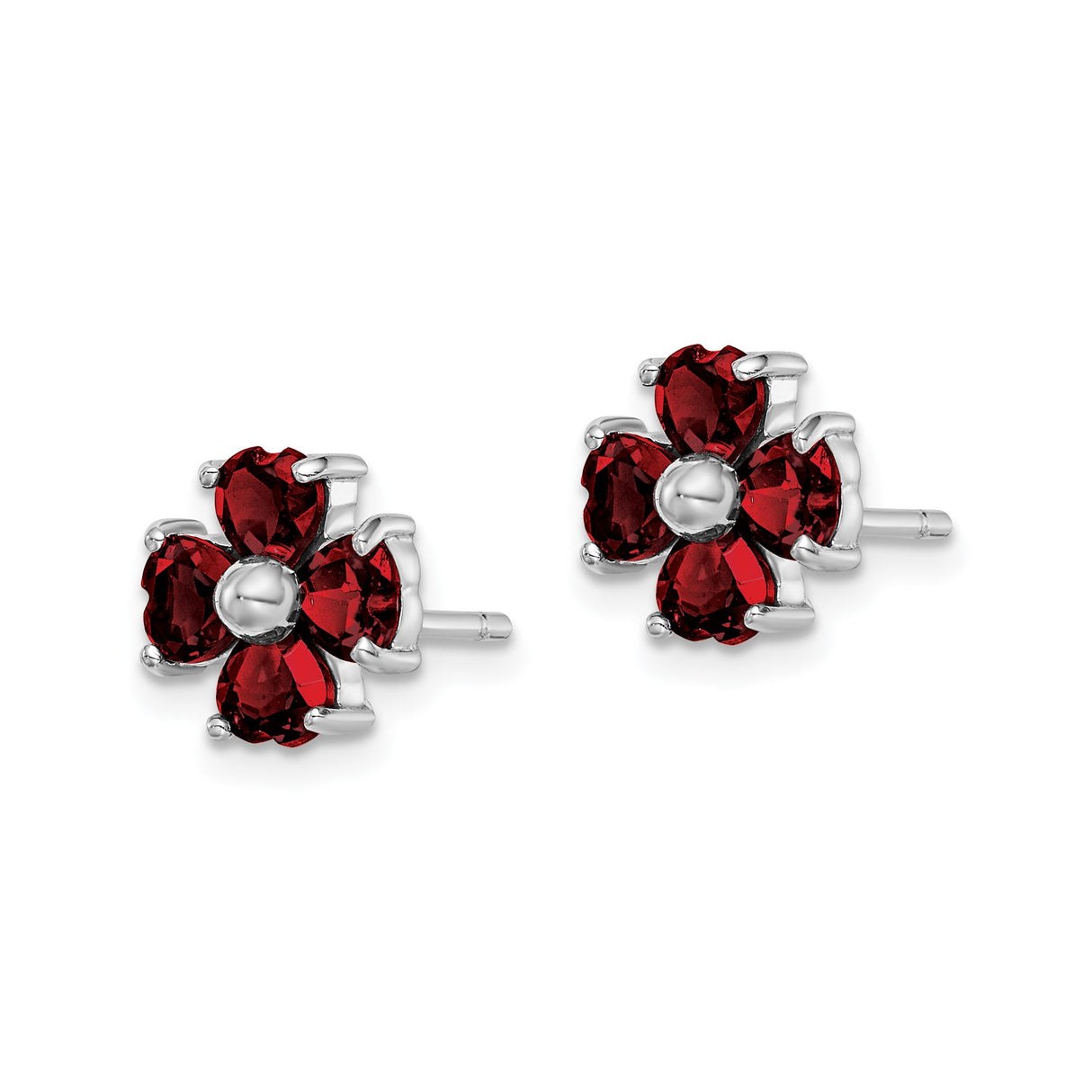 Sterling Silver Flower Stud Earrings with Heart-Shaped Garnet, Romantic Floral Design