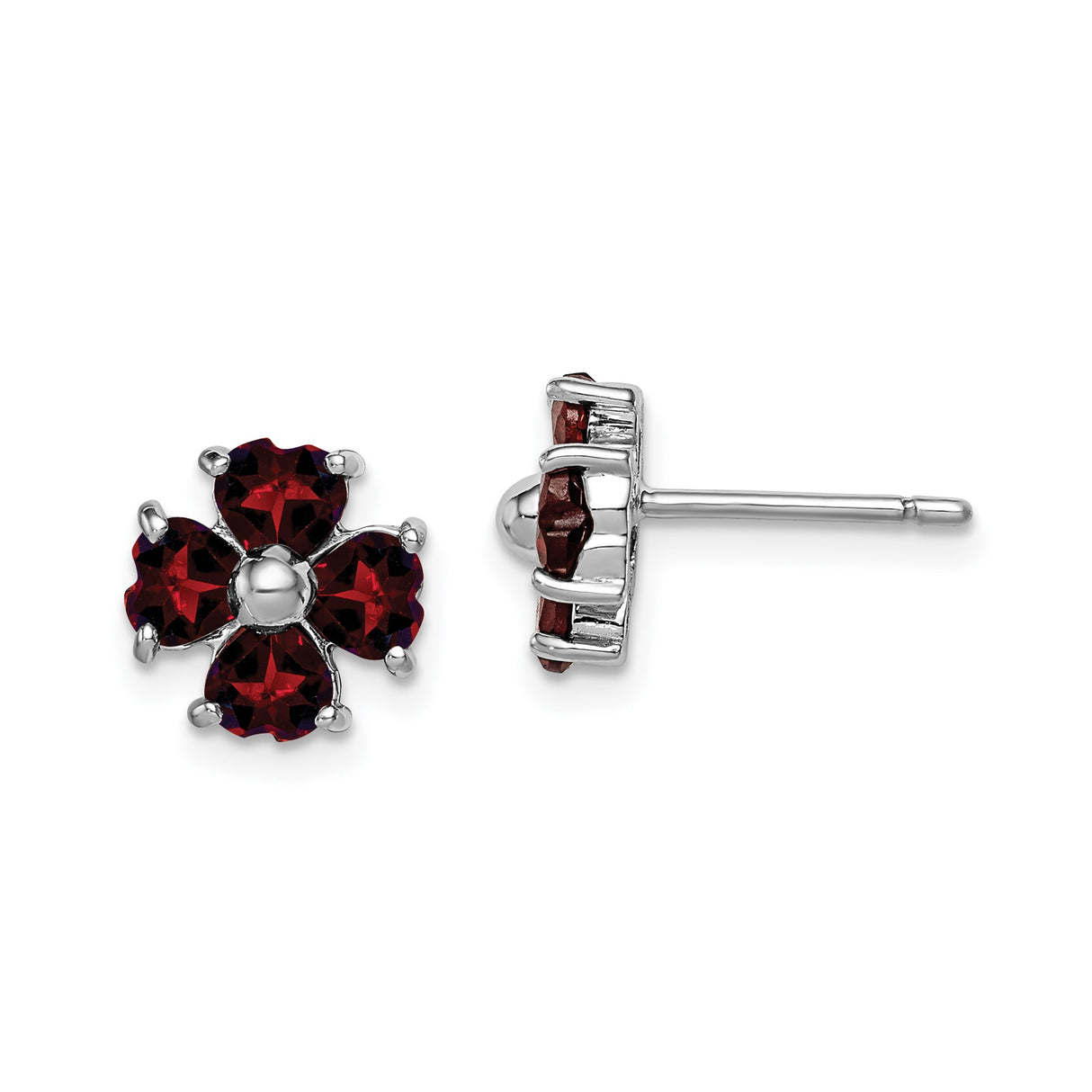 Sterling Silver Flower Stud Earrings with Heart-Shaped Garnet, Romantic Floral Design