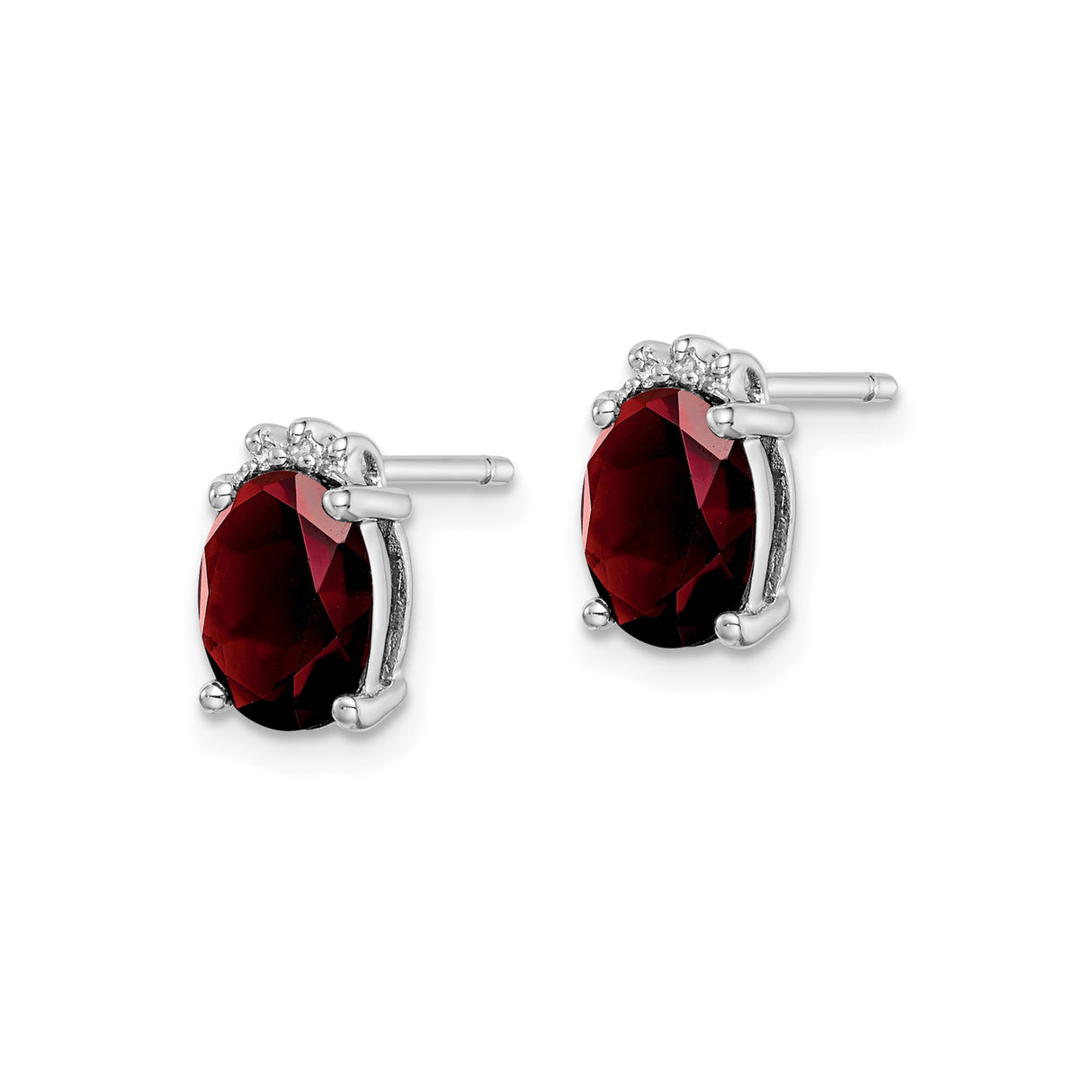 Sterling Silver Stud Earrings with Garnet and Diamond in Crown Prong Setting