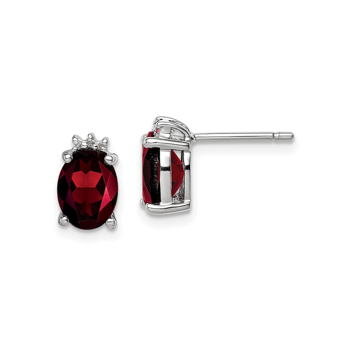 Sterling Silver Stud Earrings with Garnet and Diamond in Crown Prong Setting