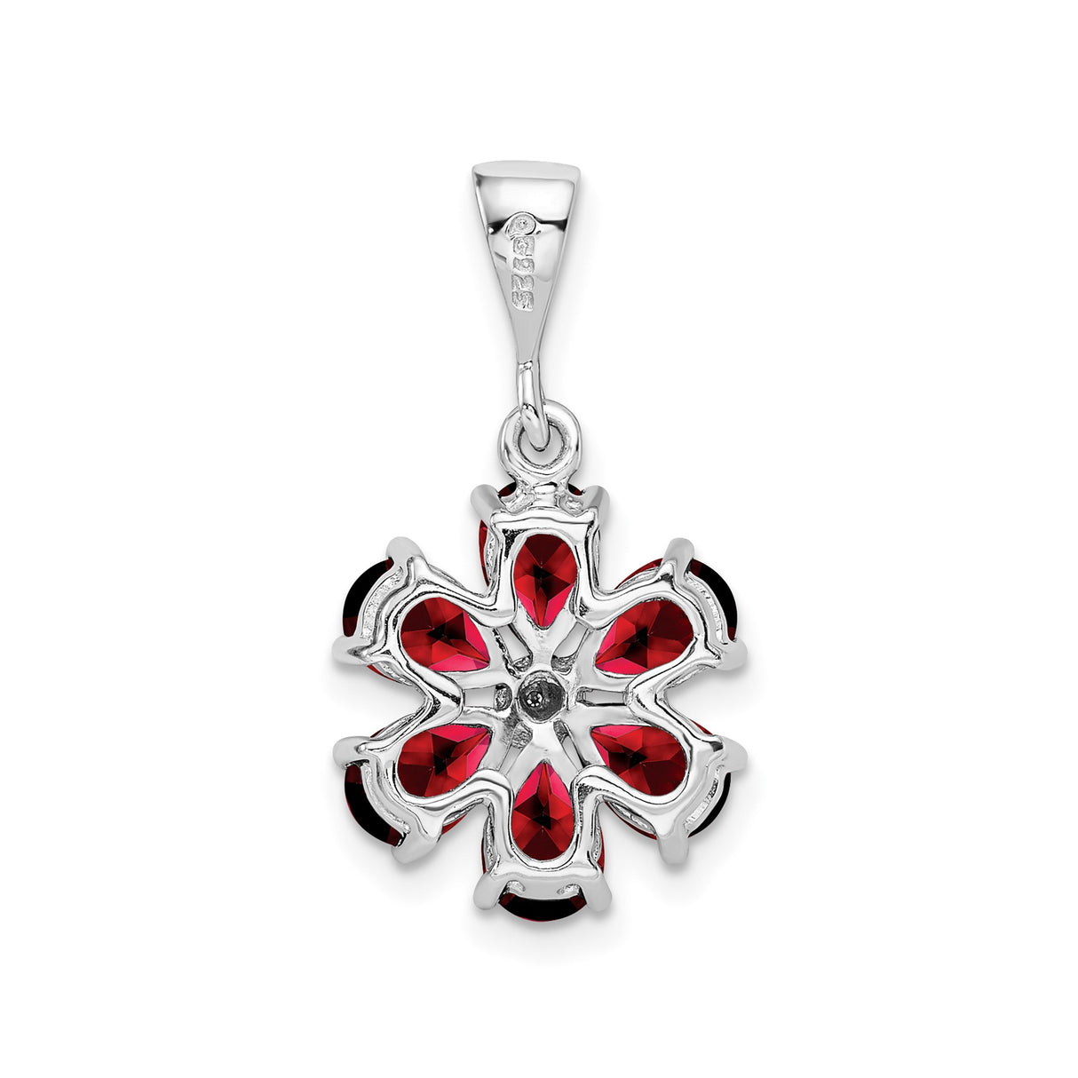 Sterling Silver Flower Pendant with Garnet and Diamond, Six Petal Floral Design for Women