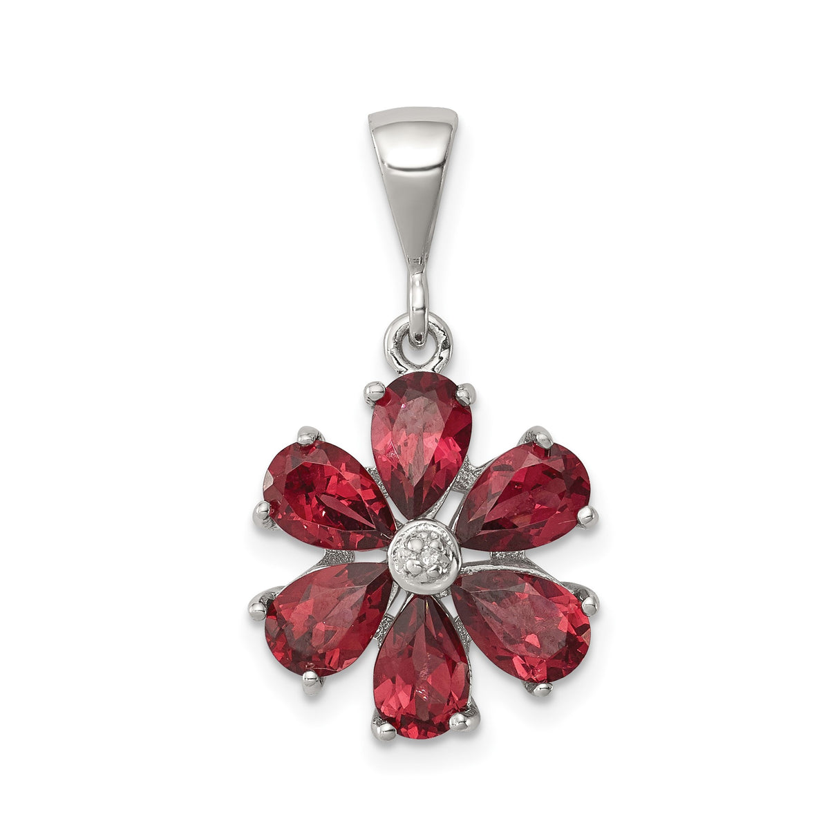 Sterling Silver Flower Pendant with Garnet and Diamond, Six Petal Floral Design for Women