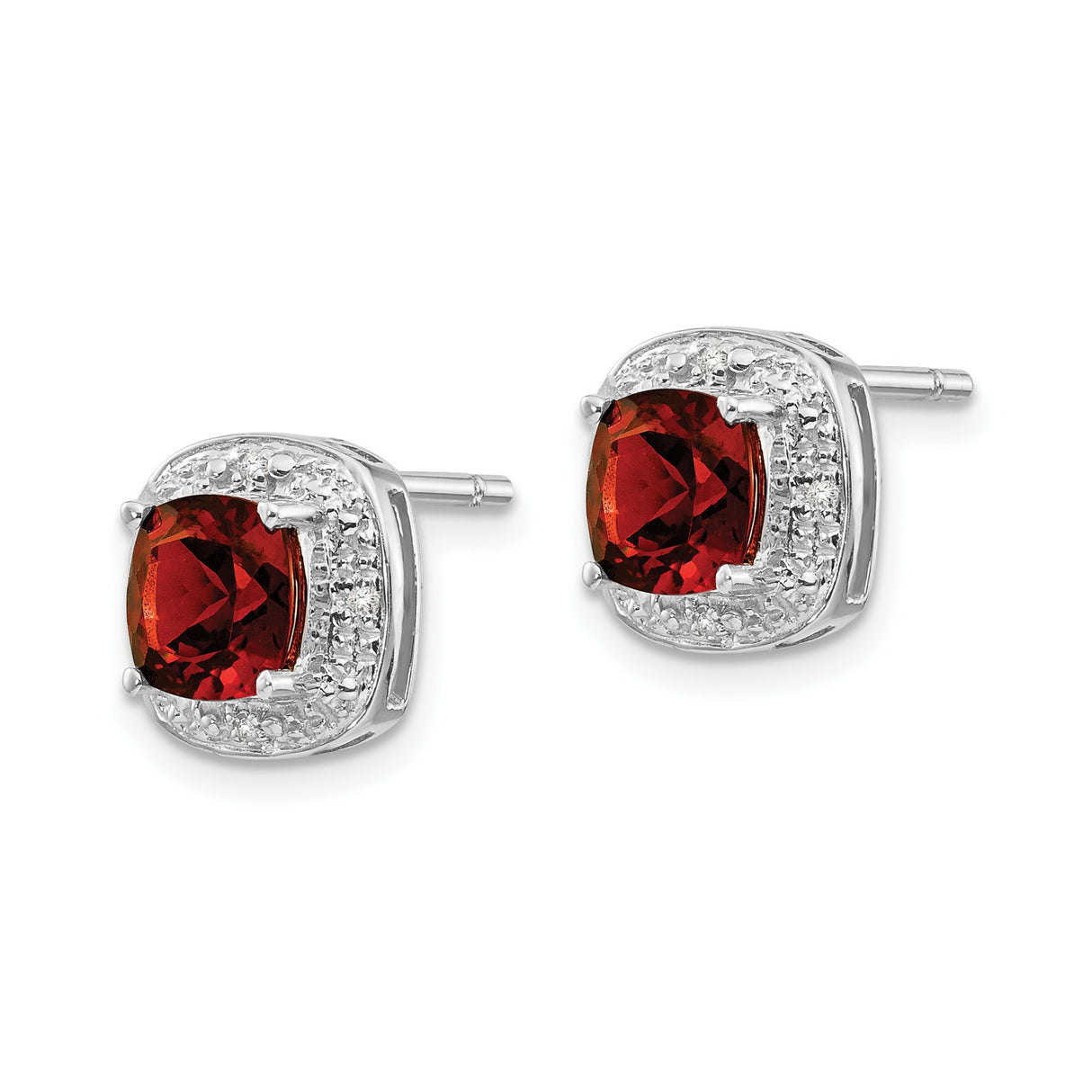 Sterling Silver Stud Earrings with Cushion Cut Garnet and Diamond Halo Accents
