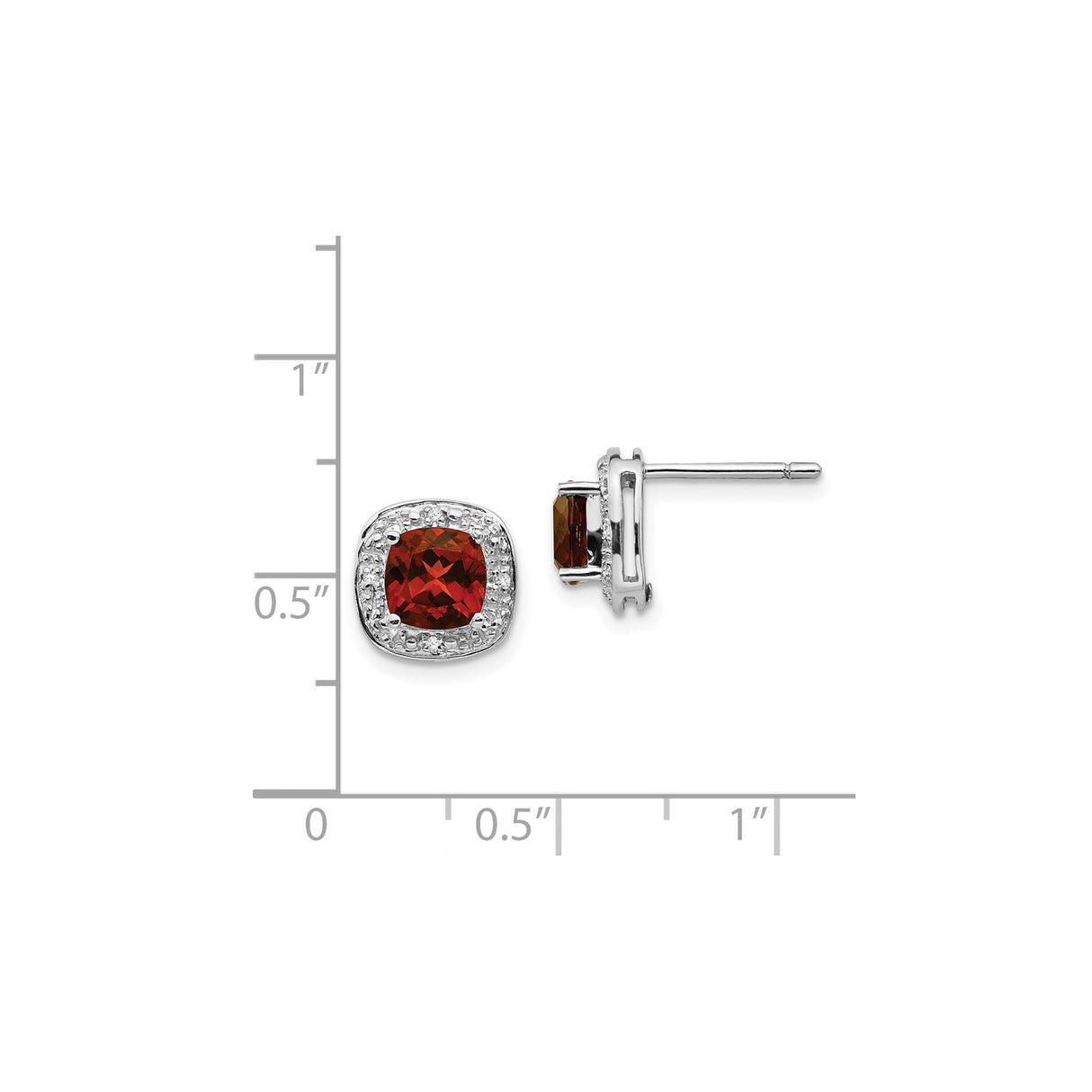 Sterling Silver Stud Earrings with Cushion Cut Garnet and Diamond Halo Accents