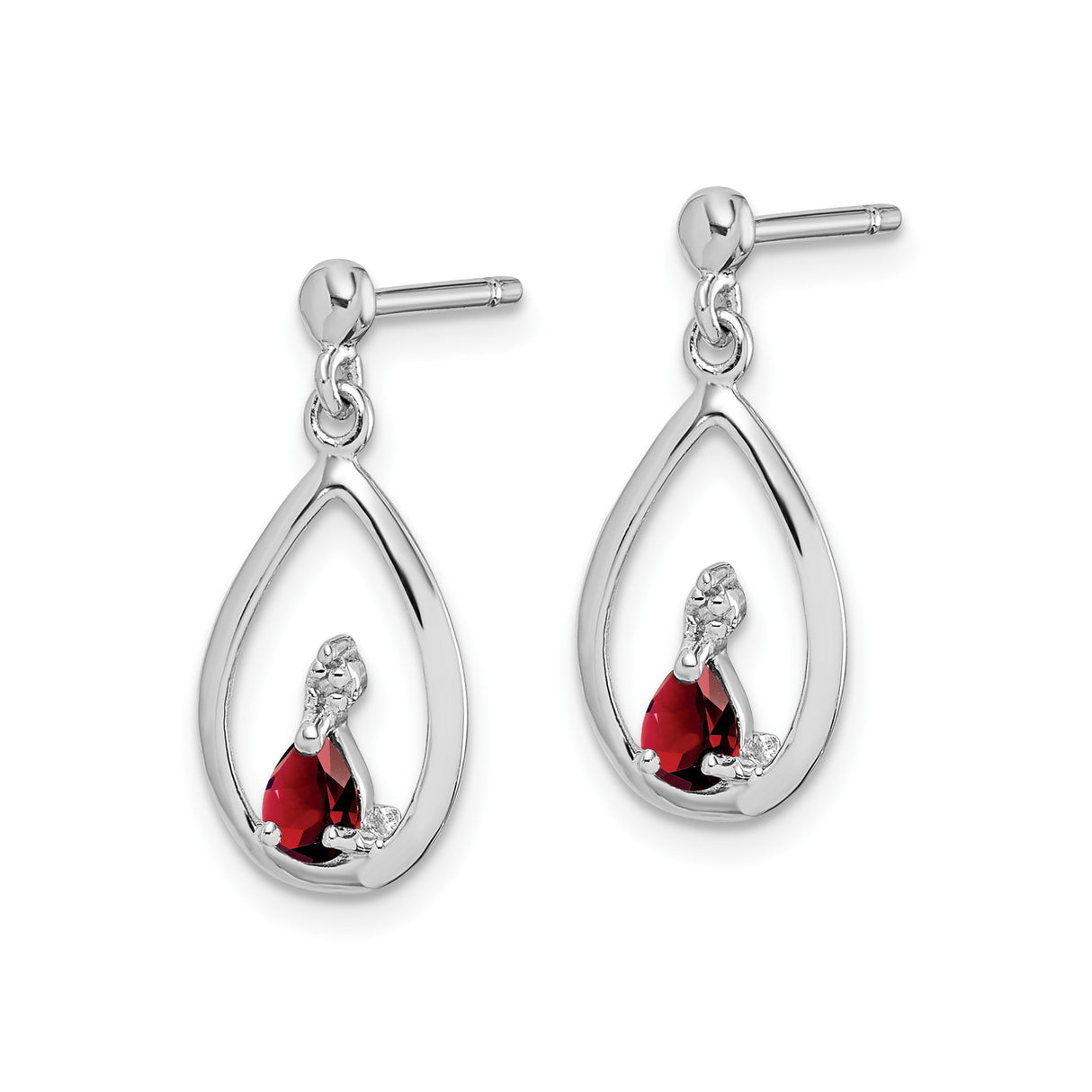 Sterling Silver Dangle Earrings with Garnet and Diamond, Teardrop Open Frame Design